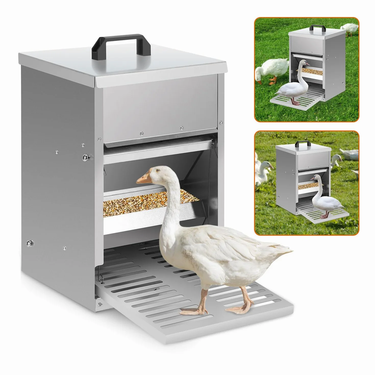 2 Dispensadores Pienso Automáticos para Gallinas, 5 kg, Galvanizado, Comedero para Pollos con Placa de Estribo, Tapa, Resistente al Agua, Comedero a Prueba de Ratas
