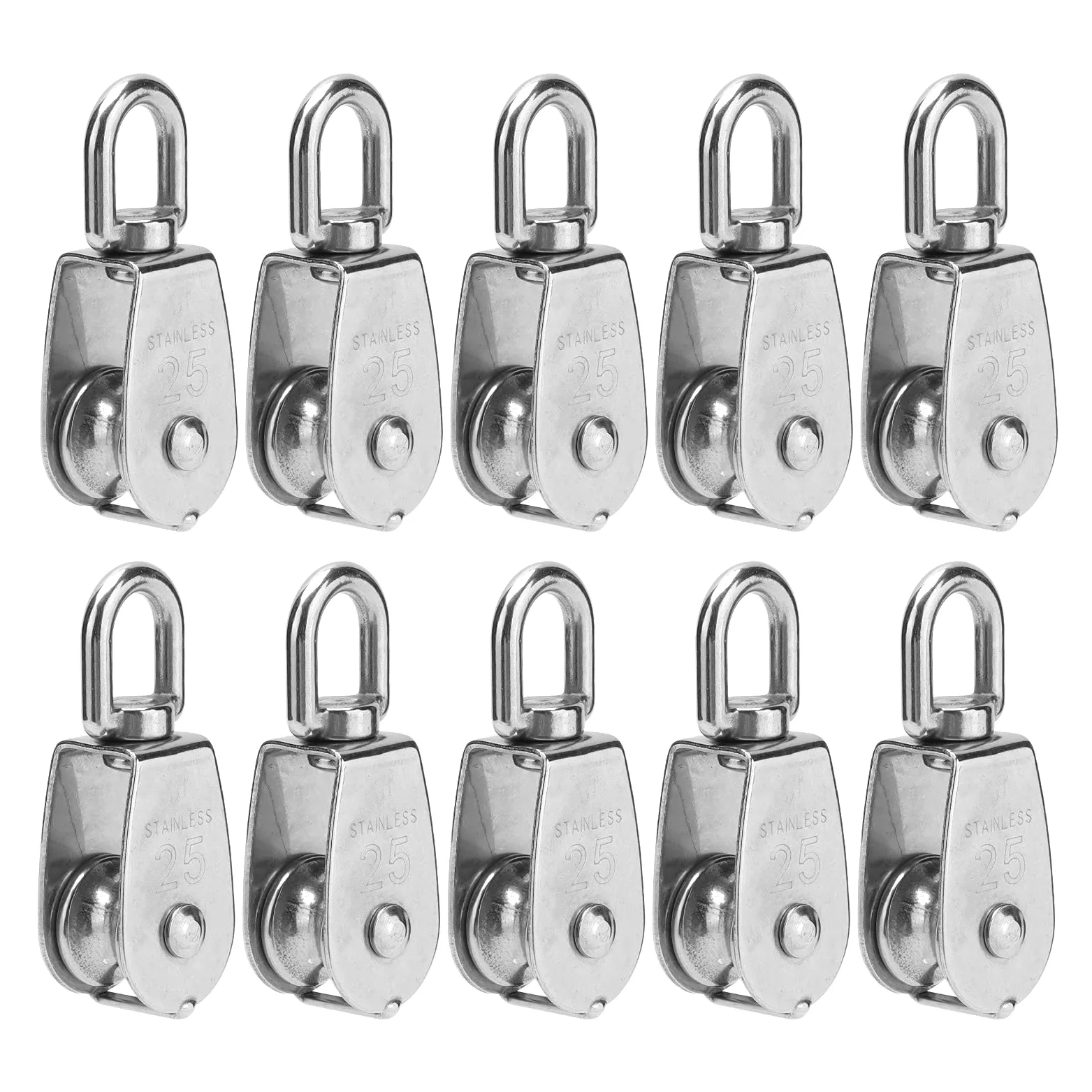 Bloque de polea resistente de acero inoxidable para cuerda de alambre de elevación con gancho de suspensión, rueda de remolque de 10 piezas (M25) y versátil para aparejos de elevación y remolques