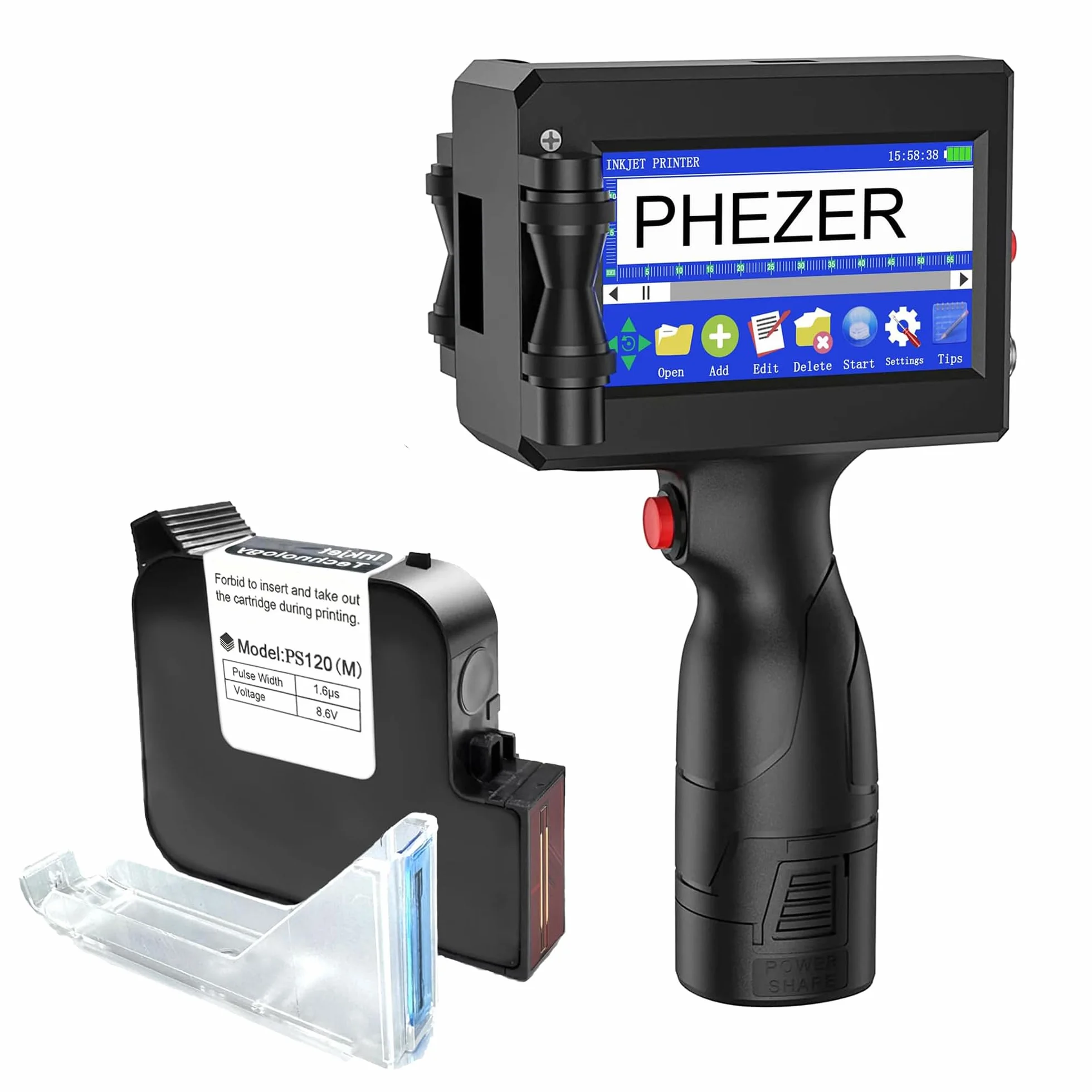 Phezer Impresora de inyección de tinta portátil de 25,4 mm para código de barras QRCode, fecha de producción, hora, logotipo, número de lote, impresión en bolsa de vidrio, tela de cartón, cable de
