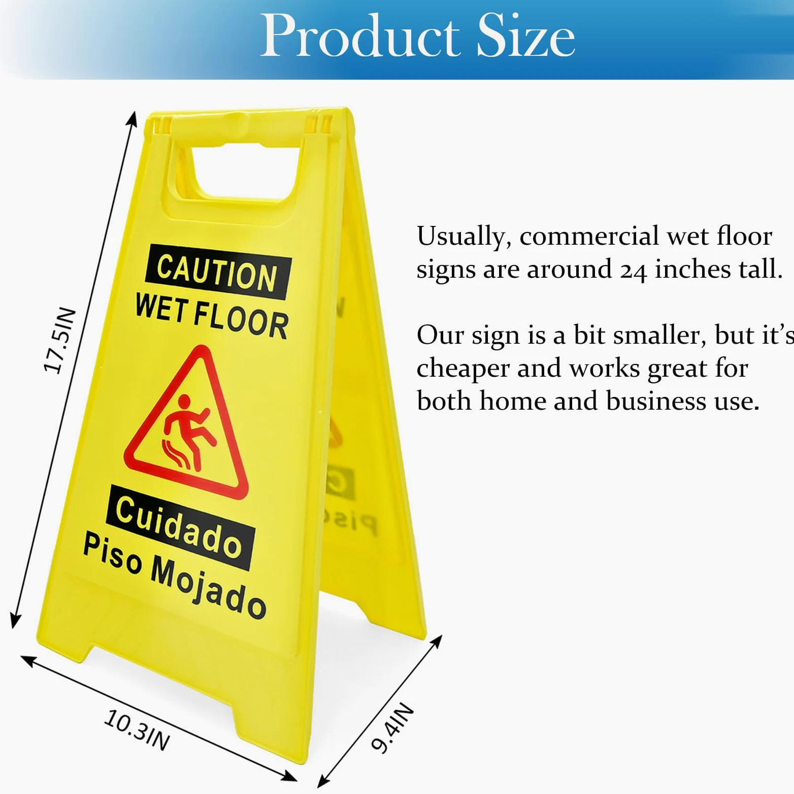 Paquete de 4 letreros de precaución para suelo mojado, 17.5 pulgadas de altura, amarillo brillante, diseño de marco en forma de A de doble cara, mensaje de precaución bilingüe