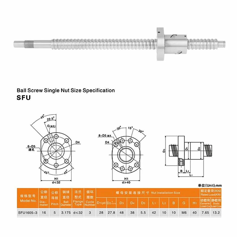 Tornillo de Bola Antiretroceso CNC SFU1605, Movimiento Lineal 300 mm con Tuerca de Bloqueo