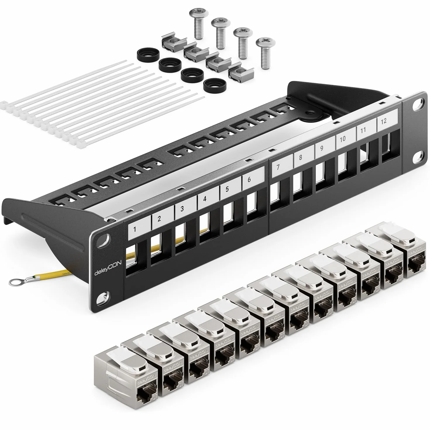 deleyCON Panel de conexión modular 12 puertos CAT 7 + 12 módulos Keystone 10 pulgadas negro