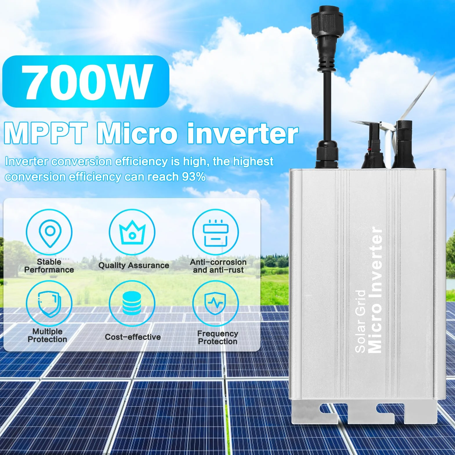 DEWIN Microinversor, Microinversor Solar 700W 230V Inversor de Onda Sinusoidal Conectado A la Red IP55 Inversor de Conexión A la Red Solar de Aleación de Aluminio A Prueba de Agua