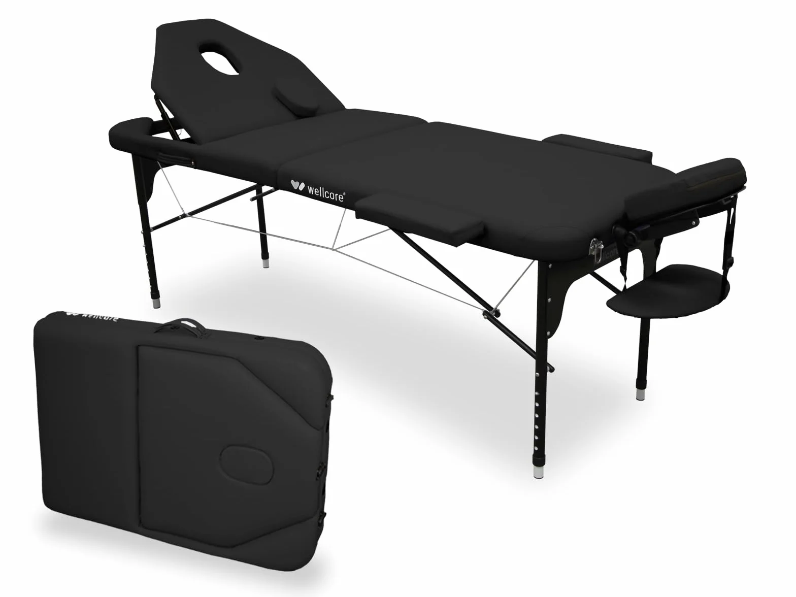 QUIRUMED WELLCORE Camilla Plegable de Aluminio, Respaldo abatible, 185 x 65 cm, Polipiel, Altura Regulable, Cabezal articulado, Agujero Facial, Negro, Mochila de Transporte, hasta 225 kg