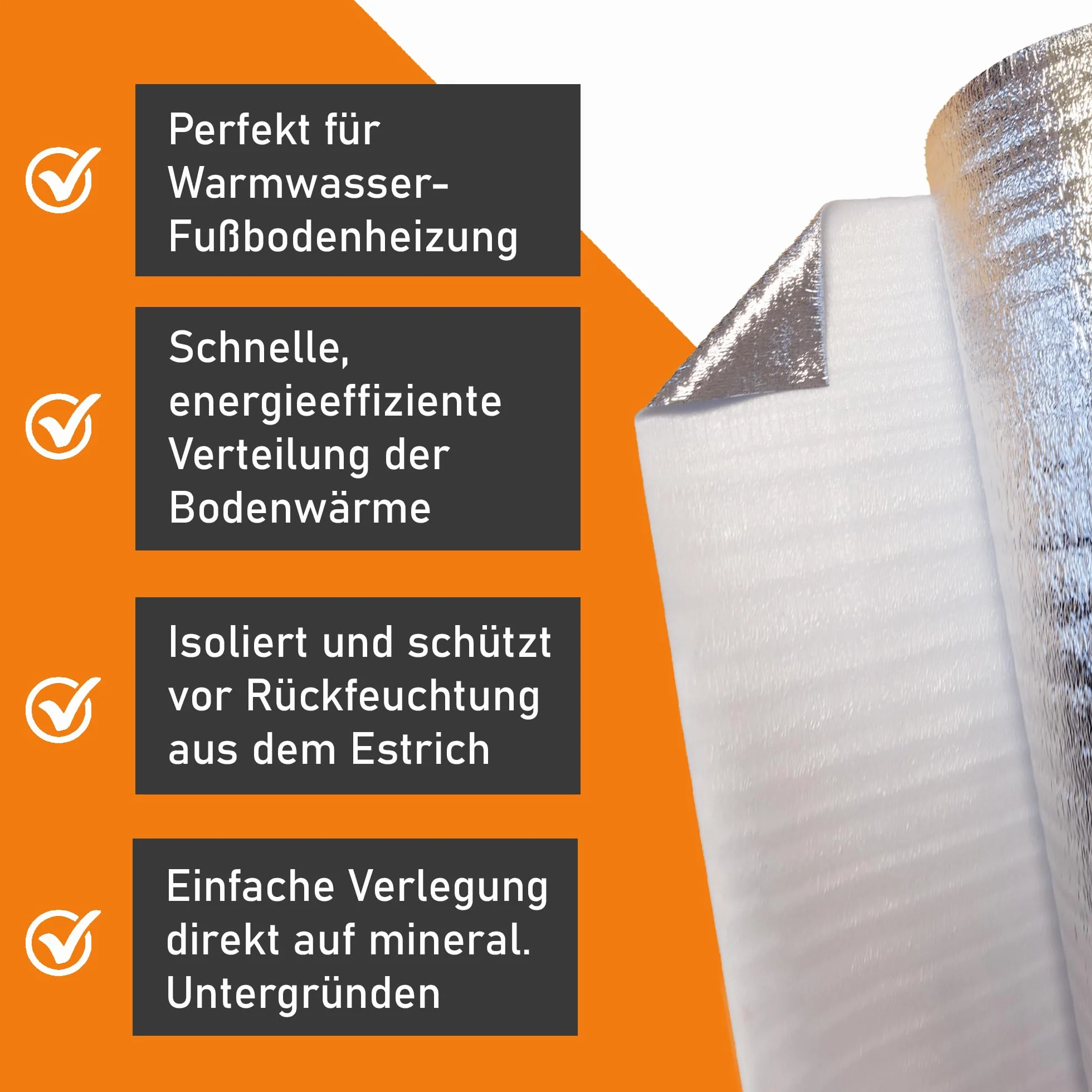 Aislamiento acústico de impacto uficell® ALU [100 m² - 4 rollos] - Espuma de PE con barrera de vapor de aluminio - Espesor: 2 mm - Aislamiento acústico de impacto y sonido de pasos