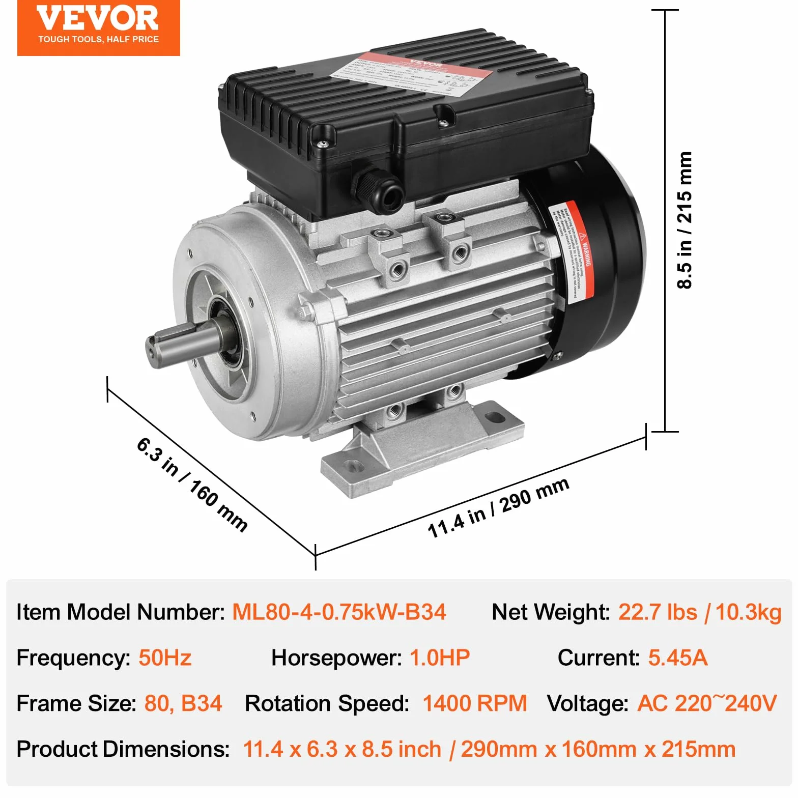 VEVOR Motor Eléctrico 0,75 kW 1400 RPM CA 220~240 V 5,45 A Marco B34 Eje 19 mm Monofásico