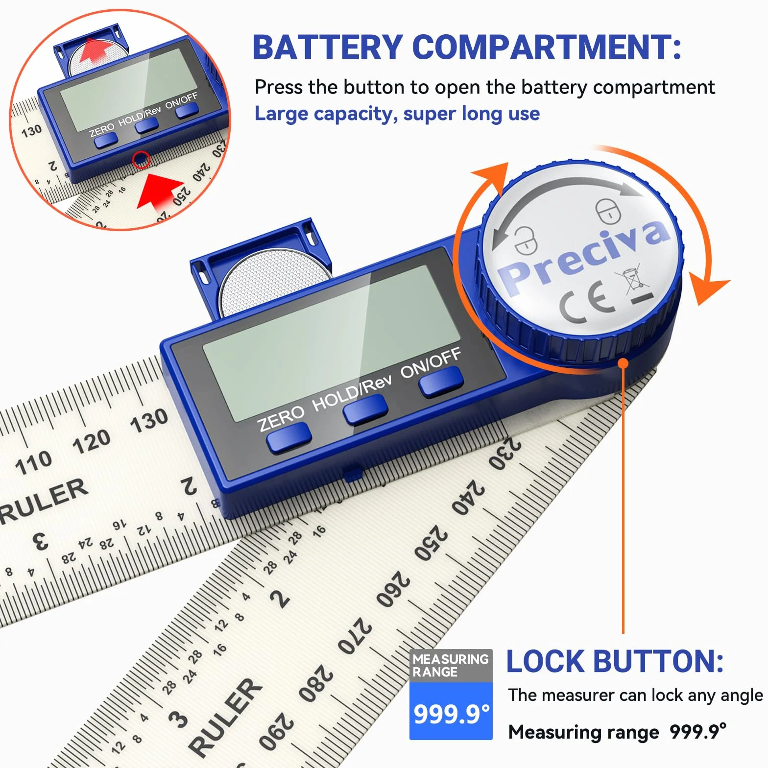 Preciva Transportador de Ángulos Digital 400 mm 360° LCD Bloqueo Regla Electrónica para Ingeniería Carpintería