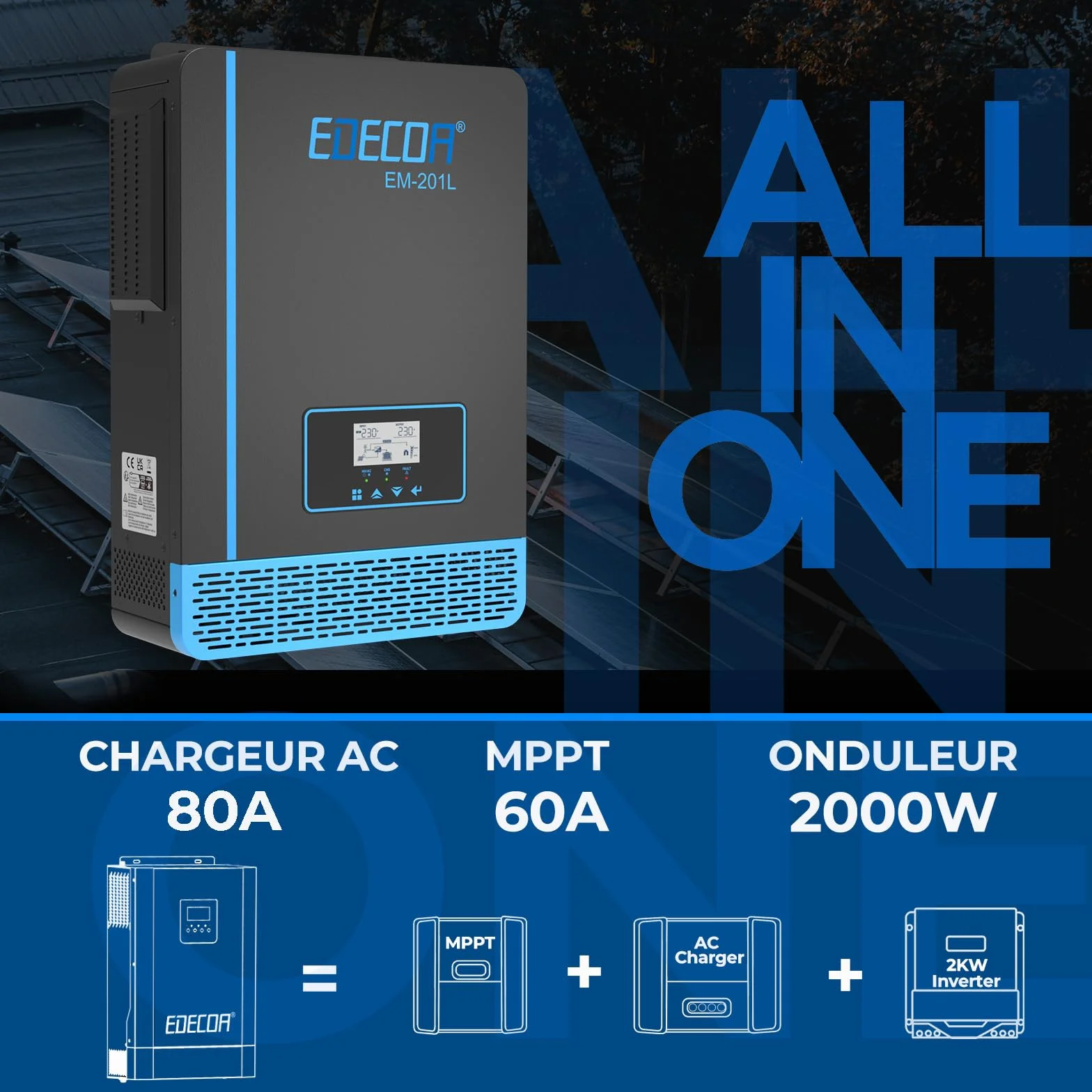 EDECOA Inversor híbrido 12v 2000w 220v 230v 2000VA, Cargador Solar MPPT 60A Onda Pura Off-Grid BMS Comunicación Cargador de batería Prioridad de Red Regulador de Carga Solar