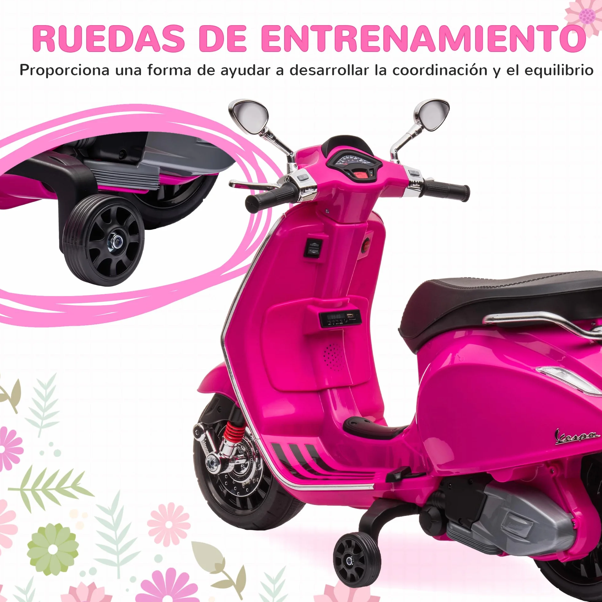 AIYAPLAY Vespa Moto Eléctrica para Niños 6V 3 km/h Carga 35 kg Rosa