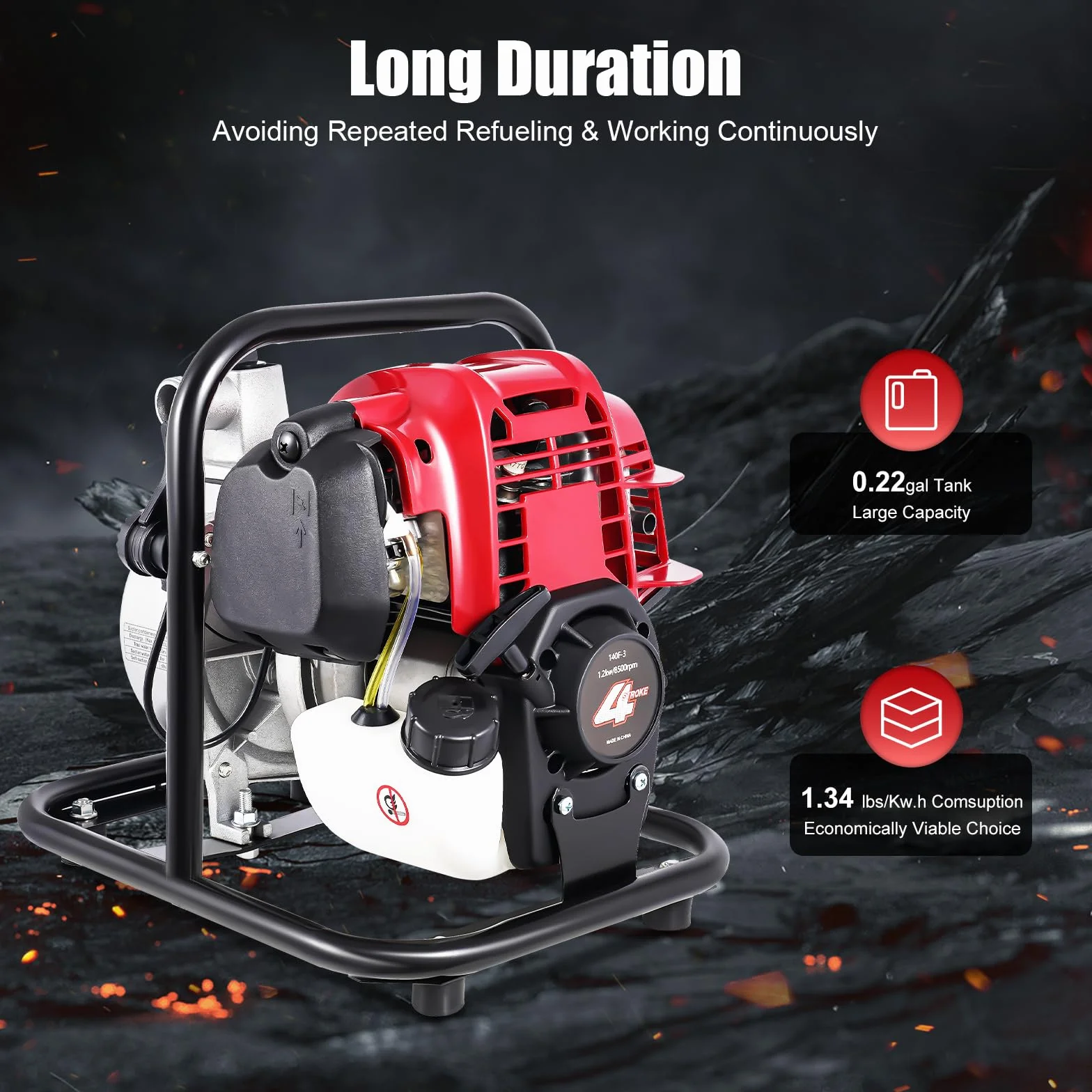 Bomba de agua de gasolina de 4 tiempos, 1200 W, 8500 rpm, gasolina 8000 l/h, caudal de motor, bomba de 30 m, altura de extracción, bomba de jardín, depósito de combustible 650 ml