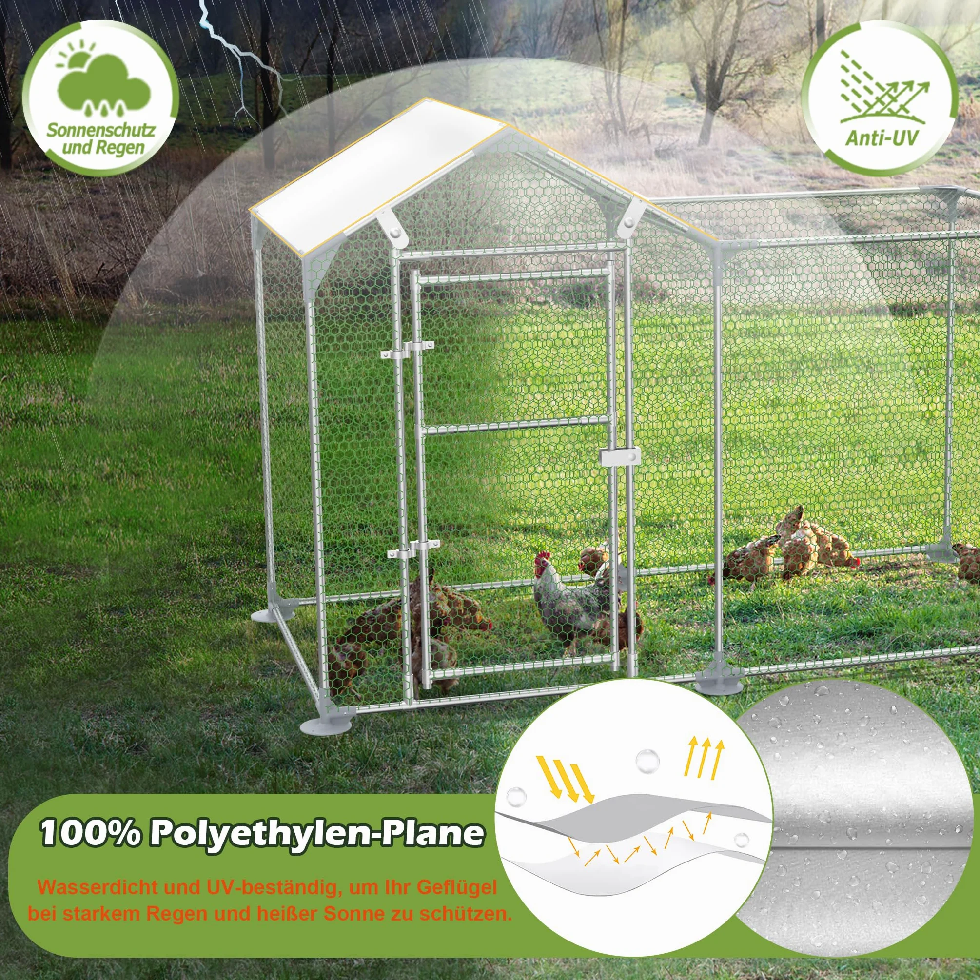 Gallinero de acero galvanizado, 3 x 1 x 1,5 m, con protección solar, techo, jaula para gallinas, cercado para gallinas, jaulas de aves de corral para gallinas, animales pequeños, aves de