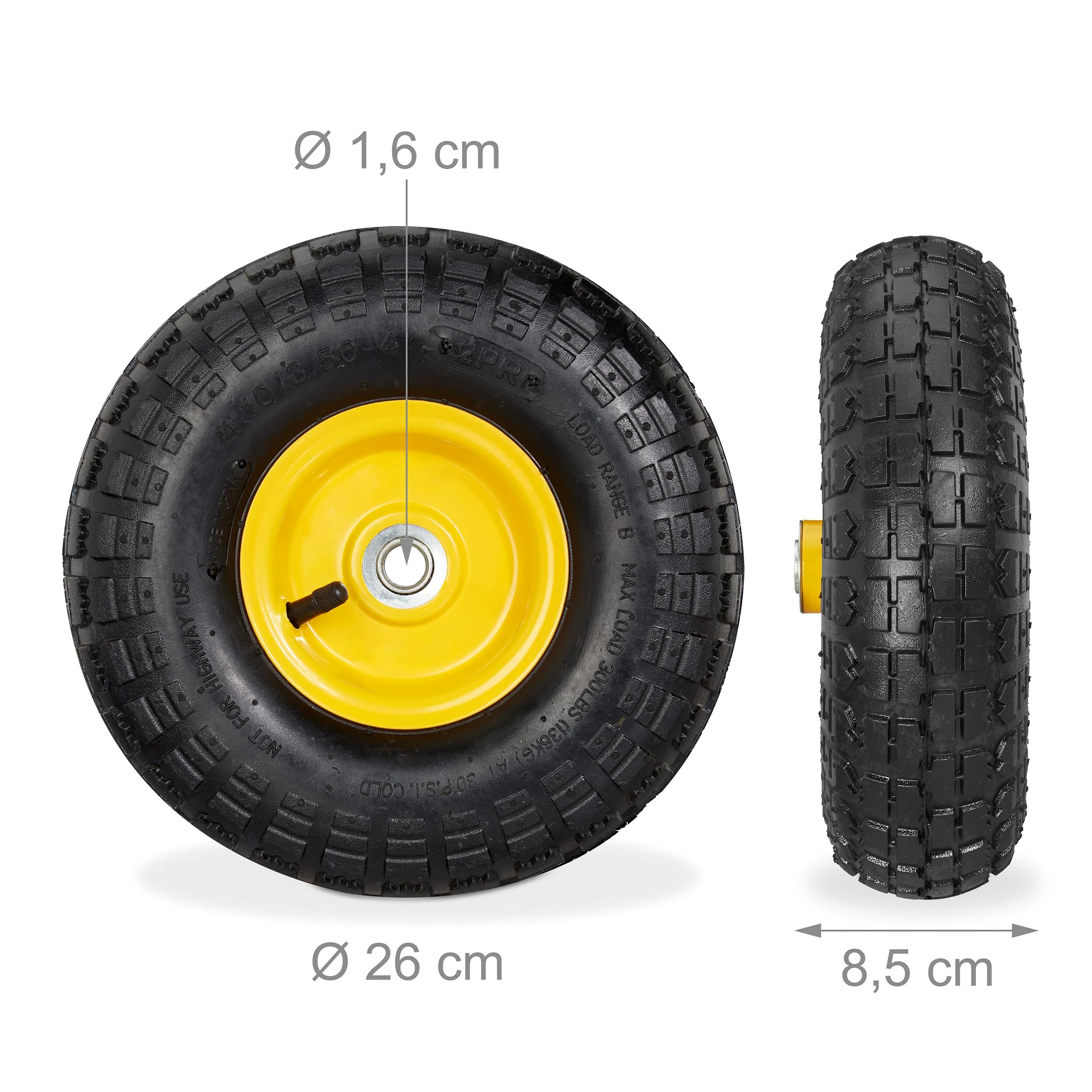 Relaxdays 4 Ruedas de Carro, 4.10/3.50-4, Neumáticas, Eje 16 mm, 136 kg, Llantas de Acero, 260 x 85 mm, Negro y Amarillo