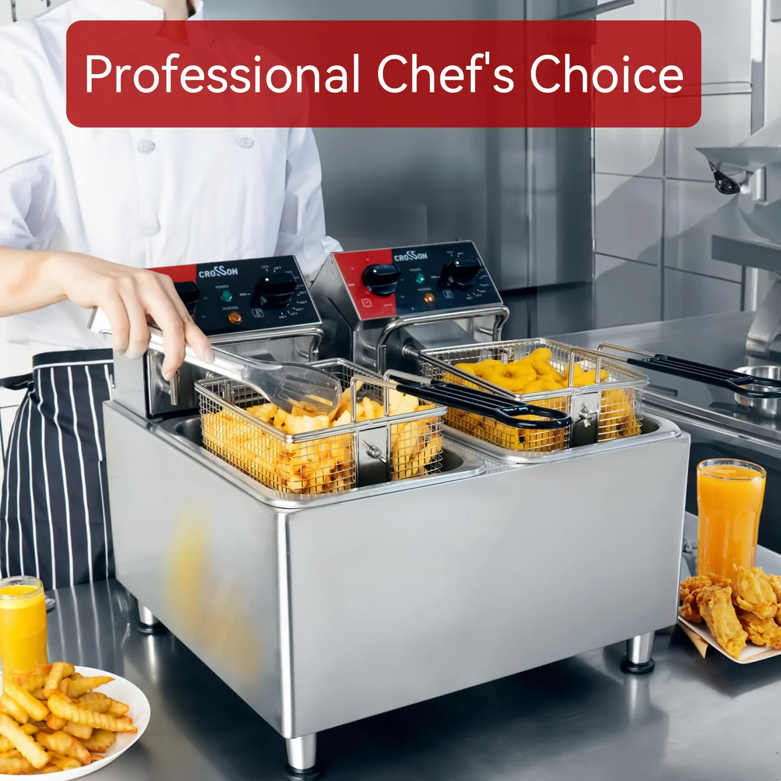 CROSSON Freidora Doble Eléctrica Profesional 8L,4000W Freidora Industrial Hosteleria de Acero Inoxidable con Cesta y Tapa, Temperatura Ajustable,para Aros de Cebolla Pollo Papas Fritas