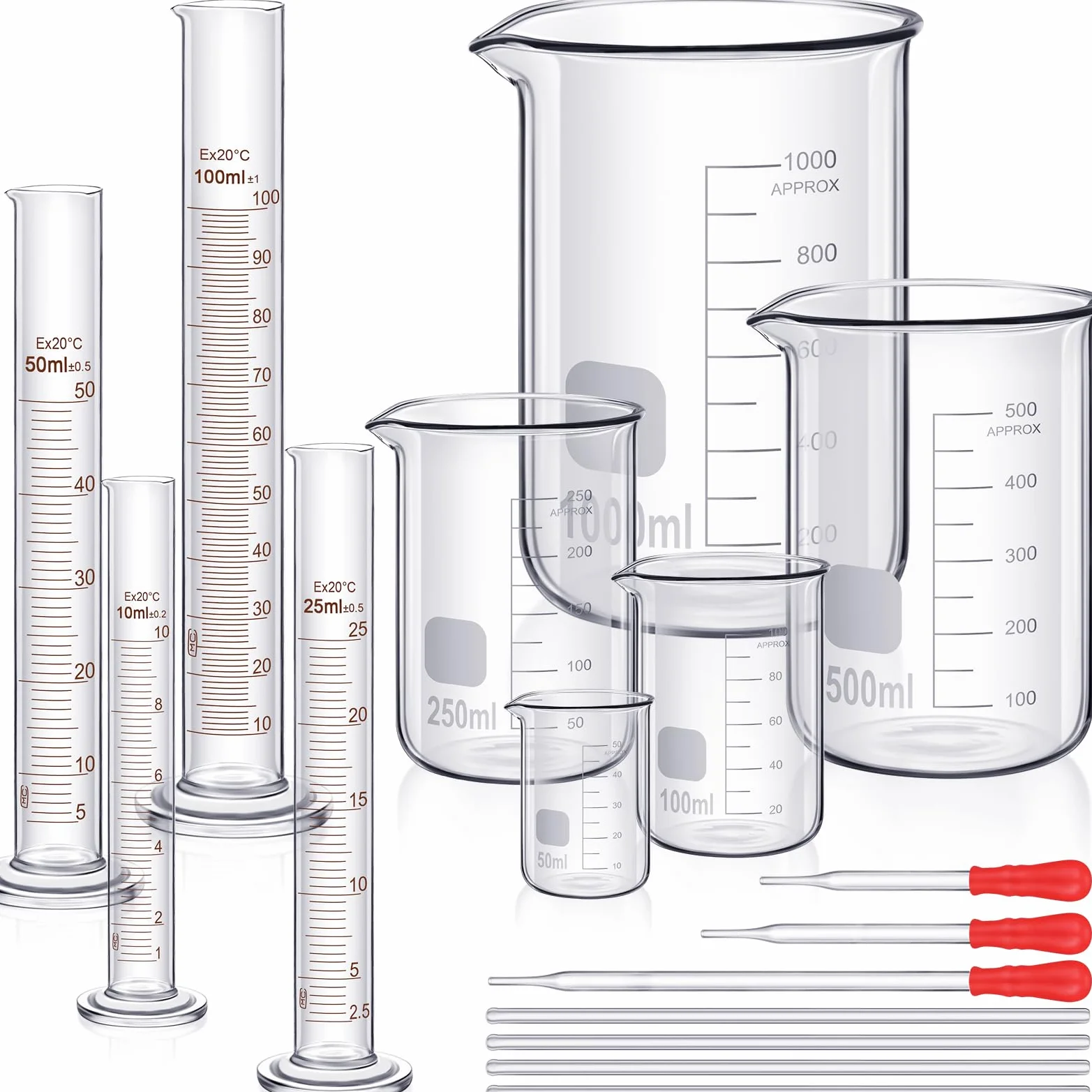 Set Cilindro Graduado Laboratorio 10-100 ml Vaso Precipitado Cristal 50-1000 ml con Goteros Varillas Agitar