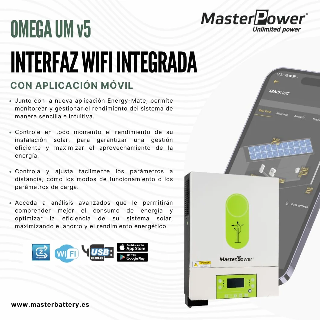 Inversor Híbrido Master Power UM-V5 6000W 48V – MPPT 120A para hasta 6000W en Paneles Solares – Doble Salida para Gestión Inteligente de Carga – Conexión WiFi