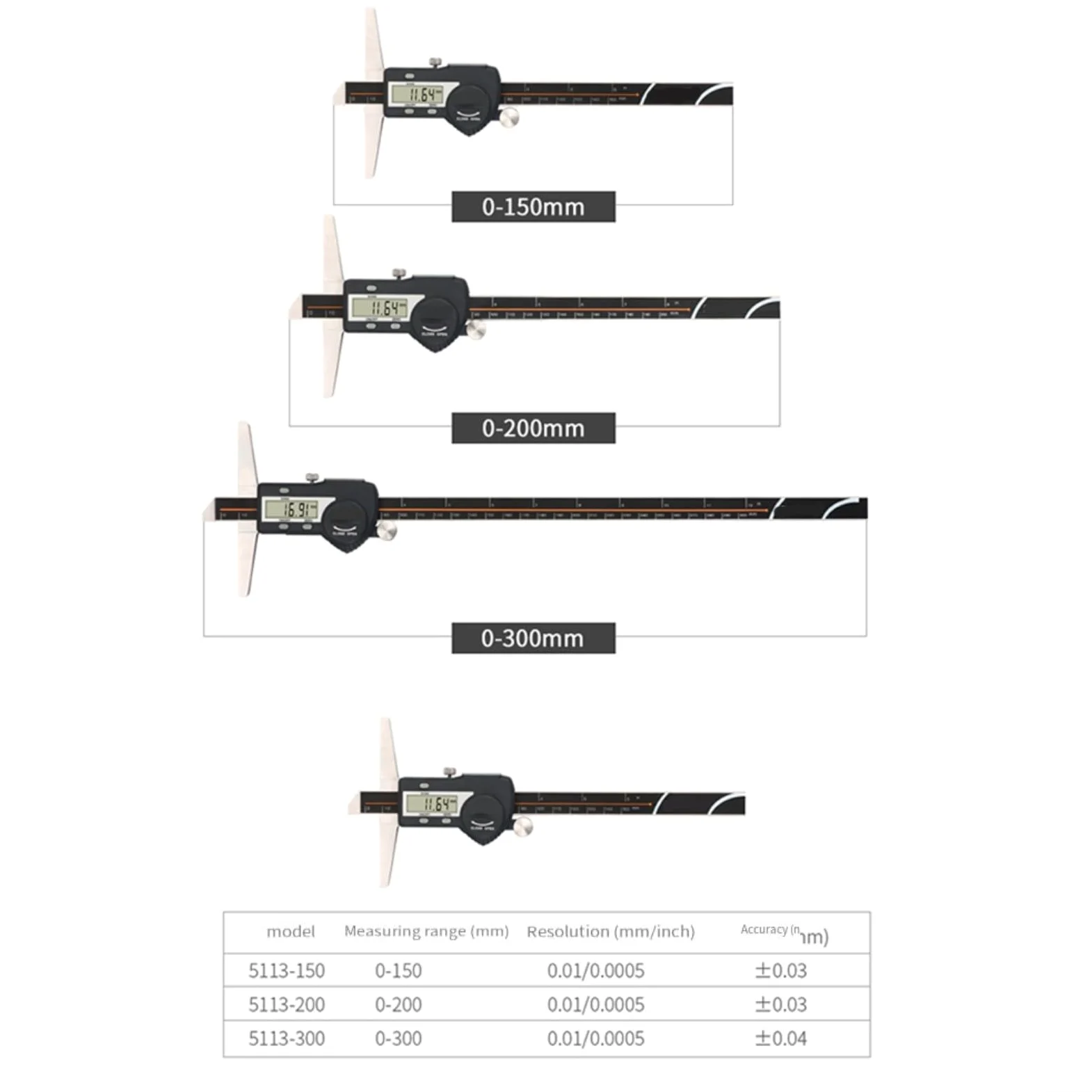 Medidor de profundidad digital electrónico de acero inoxidable 0-300 mm, rango de 0,01 mm, precisión IP54, pantalla LCD impermeable para uso industrial (0-300 mm)