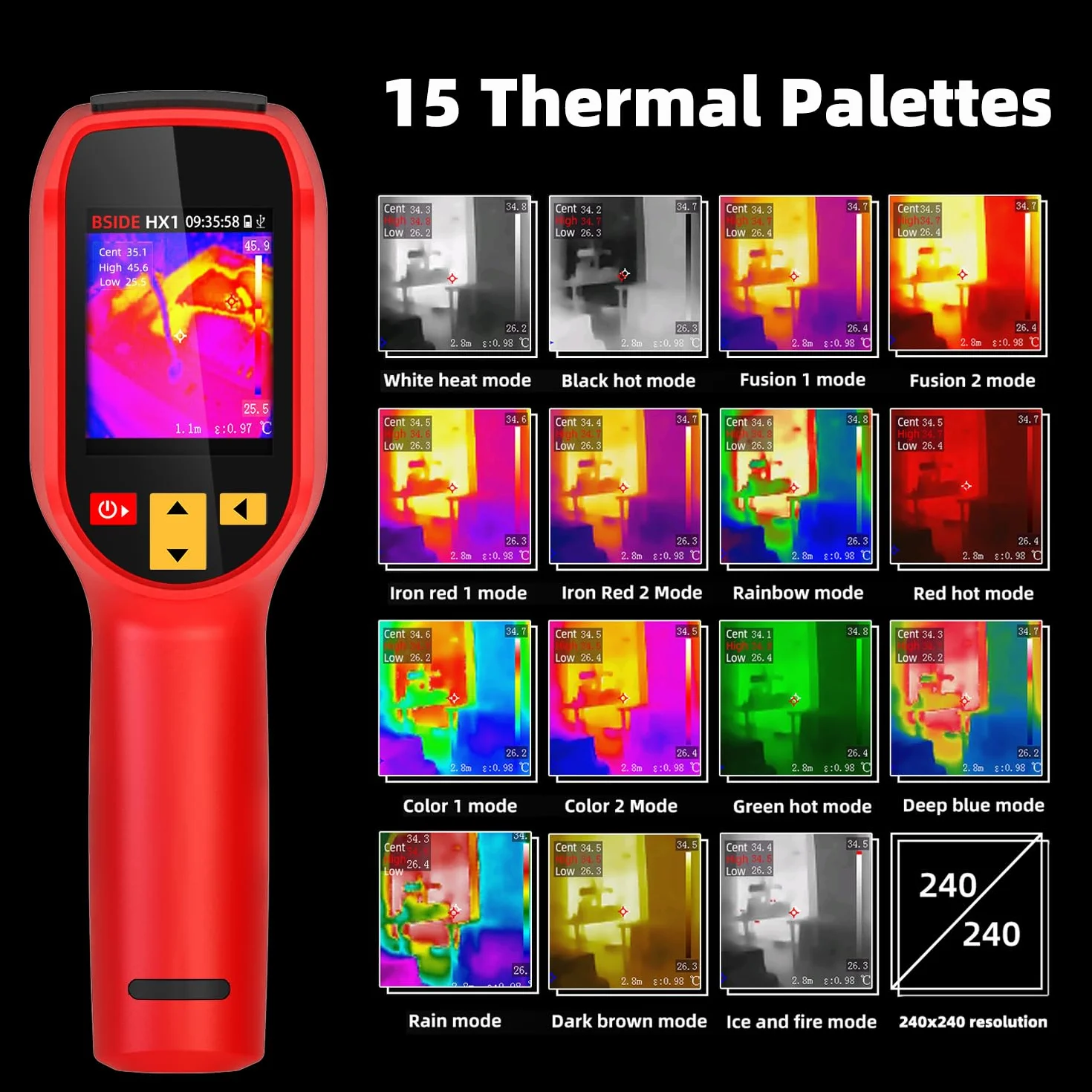 BSIDE HX1 Cámara Térmica Portátil Alta Resolución 240 x 240 Cámara Termográfica con Tasa de Refresco 25Hz 15 Paletas de Colores -4°F a 1022°F Rango 50°FOV para Fugas de Aire/Agua Coche Eléctrico