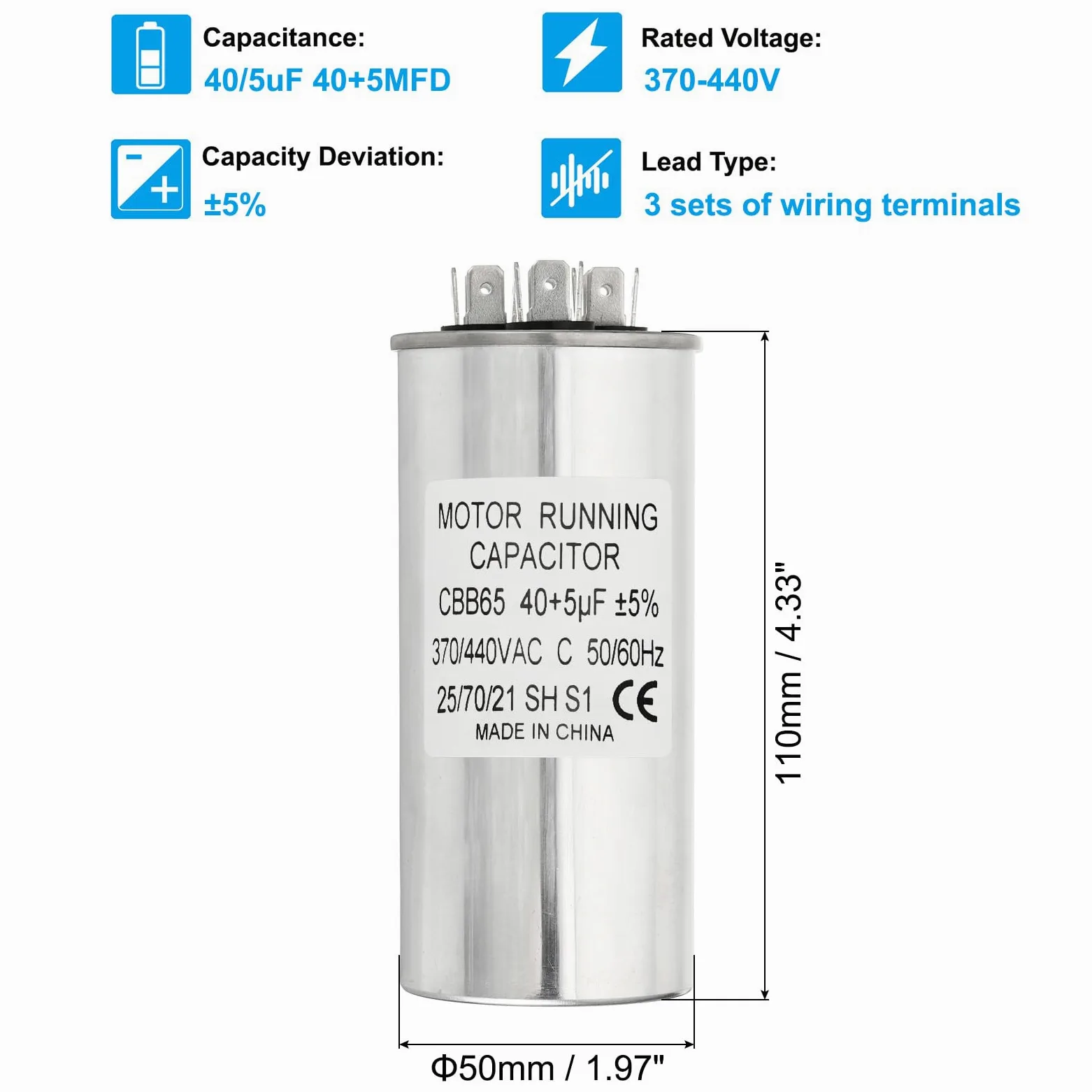 PATIKIL 40/5uF 40+5MFD 370-440V AC Condensador, 10 Piezas CBB65 Condensadores Arranque Motor Condensador Doble Funcionamiento O Bomba Calor Condensador