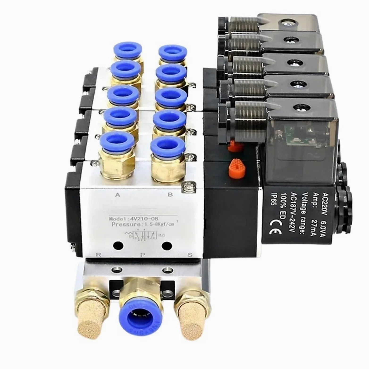 Bloque de electroválvula neumática multiusos 4V210-08 de 12/24 V CA y 110/220 V CA con silenciador y colector de base de 2/3/4/6 vías(2 Row 4mm fitting,DC24V)