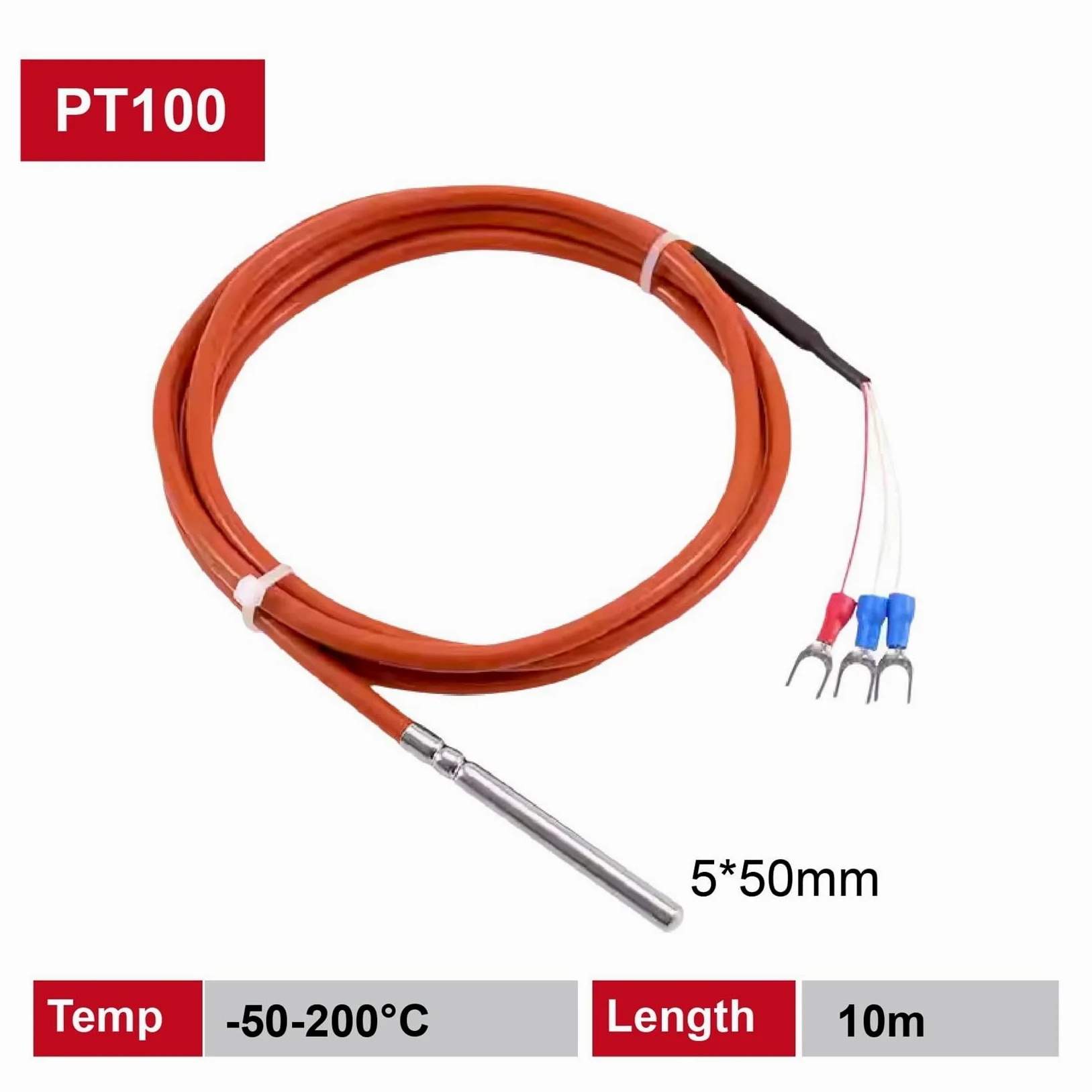 PT100 PT1000 RTD Sensor de temperatura Sonda de temperatura impermeable Cable de silicona 3 cables 4 opciones | Pt100-10M-5-50mm -F