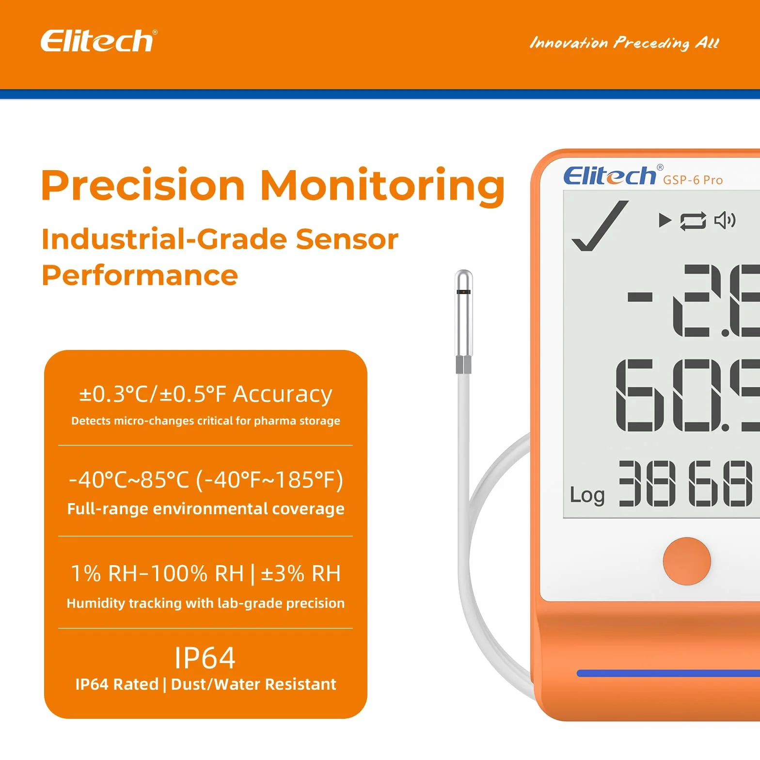 Elitech GSP-6Pro-GLE+THE Registrador de temperatura Bluetooth sensor temperatura humedad 100000 puntos datos certificado calibración