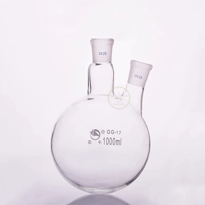 matraz de Vidrio borosilicato de Laboratorio. Matraz de destilación de Vidrio de Laboratorio de Fondo Redondo de Doble Cuello, Inclinado/Recto, de 50 ml a 2000 ml, 1 Unidad(500ml 24x24)