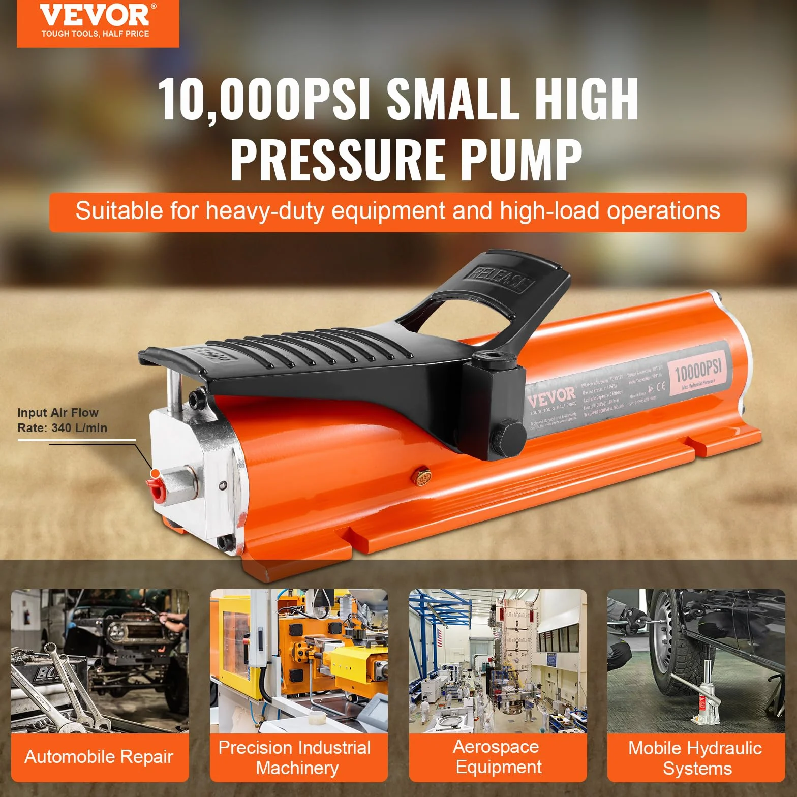 VEVOR Bomba Hidráulica Neumática de 10000 PSI con Depósito de 0,69 L, Salida de Aceite NPT de 16,66 mm, Entrada NPT de 13,7 mm, Carcasa de Metal, Bomba de Pedal Neumática para Equipo Aeroespacial