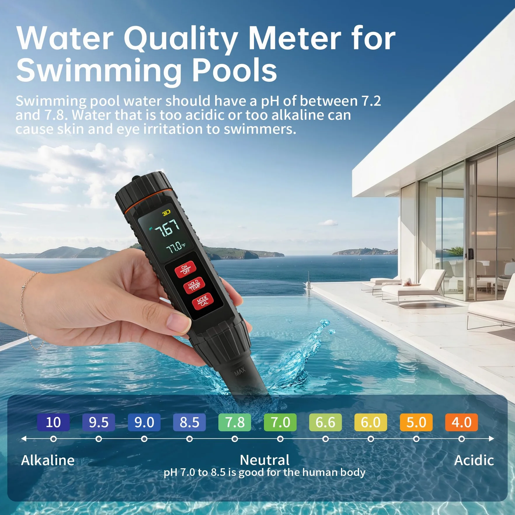 Forever Speed Medidor de pH Agua 7 en 1 pH Meter pH/TDS/EC/ORP/SALT/S.G./TEMP Alta Precisión para Piscina Acuario