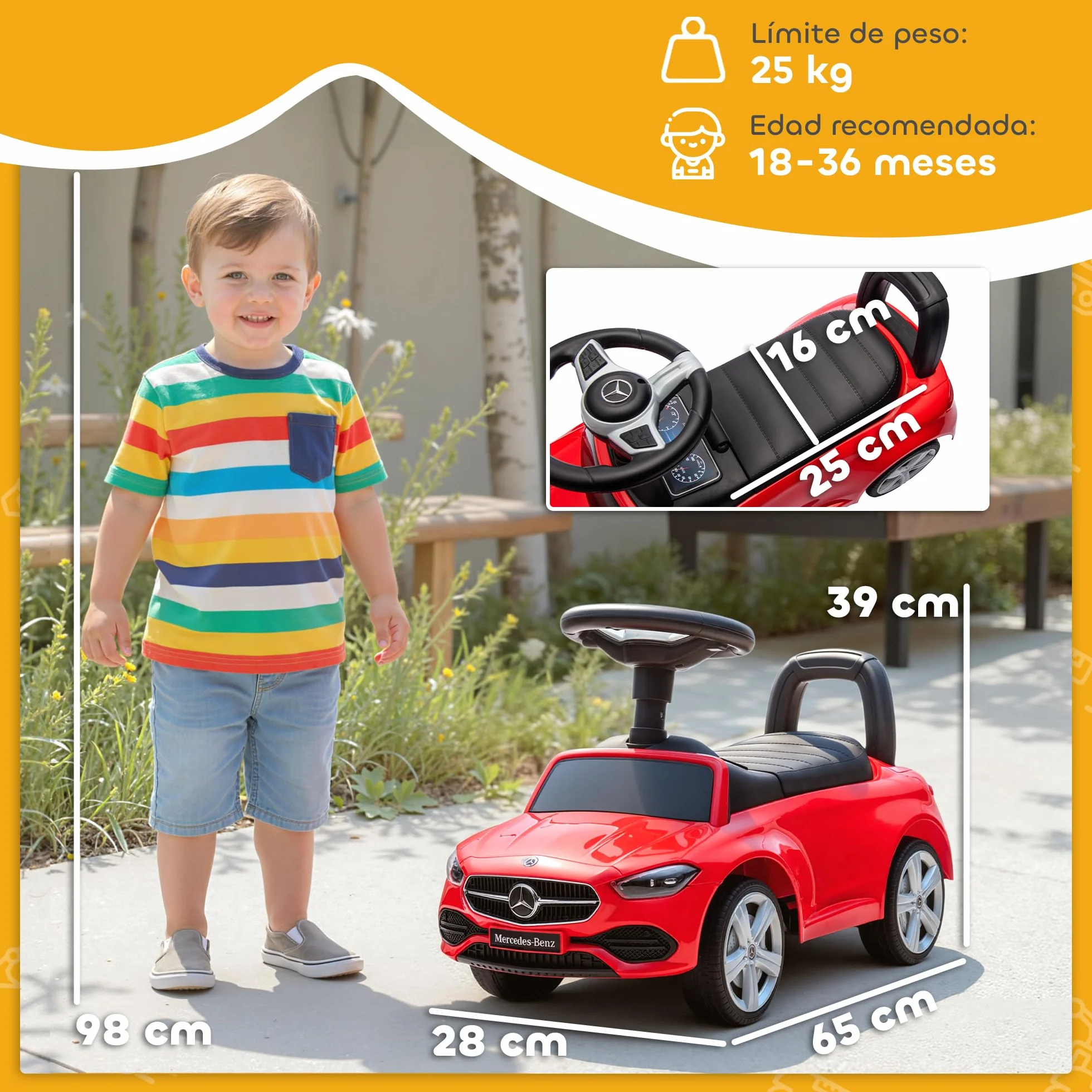 Mercedes-Benz Clase C Coche Correpasillos para Niños 18-36 Meses con Bocina Volante Sonidos Motor 65x28x39 cm Rojo