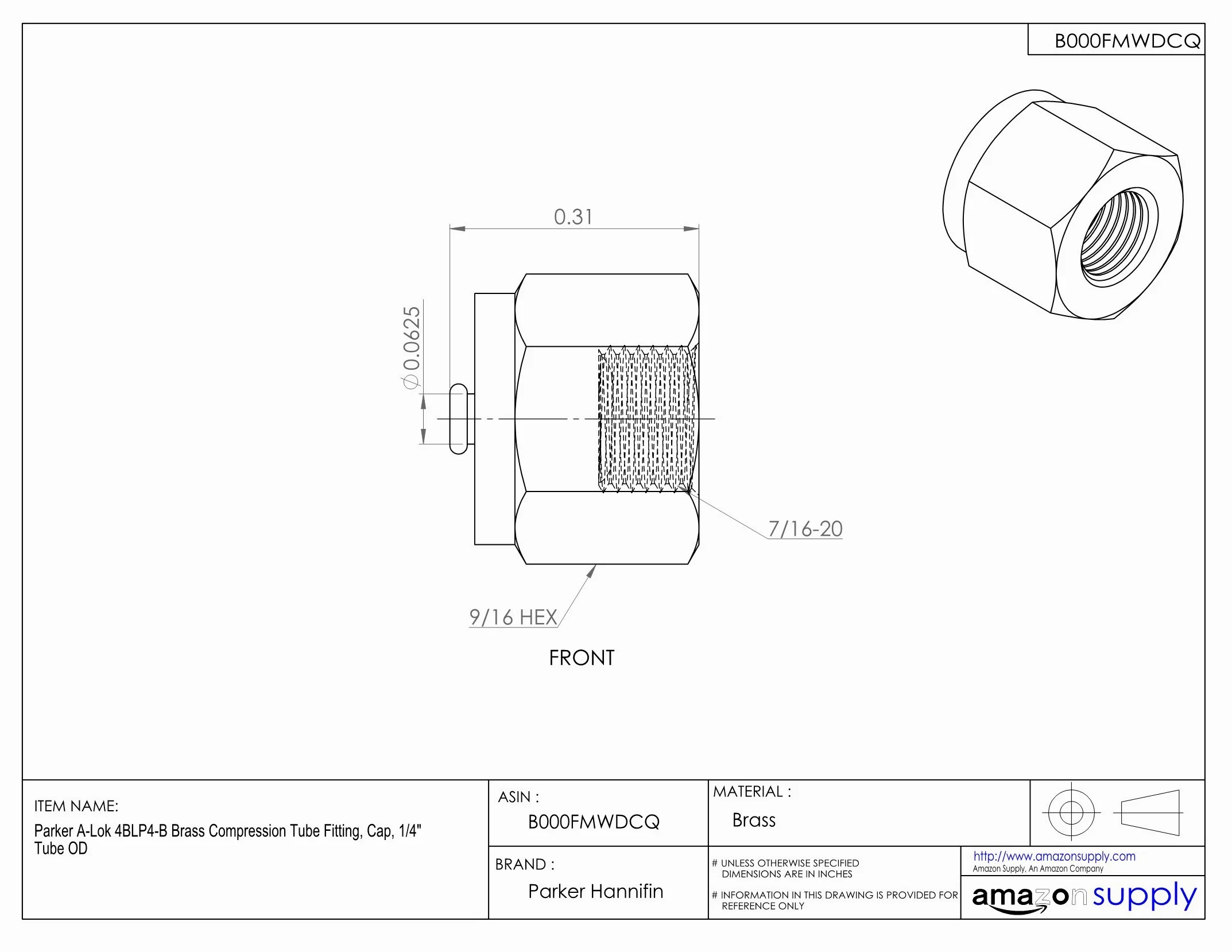 Parker a-lok 1blp1-b Tubo de Compresión de latón montaje, tapa, tubo OD, 1/4", 1