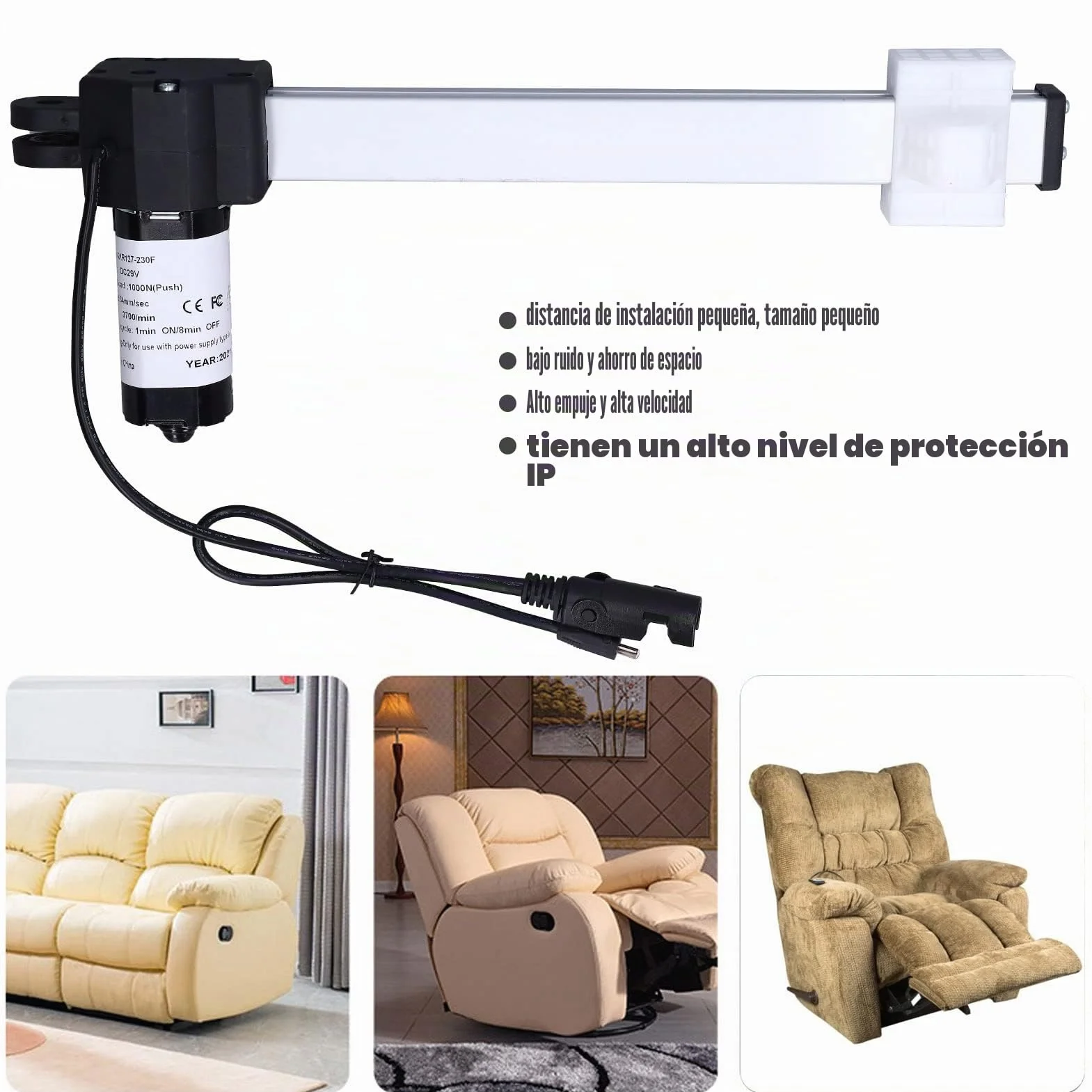Buachois Motor de Actuador para Reclinable Eléctrico Lineal Carrera DC 29V | Motor con Recorrido de 230 mm con Clip de Fijación 1000N Lineal Eléctrico de Carga Varilla Telescópica Sillas Elevadora