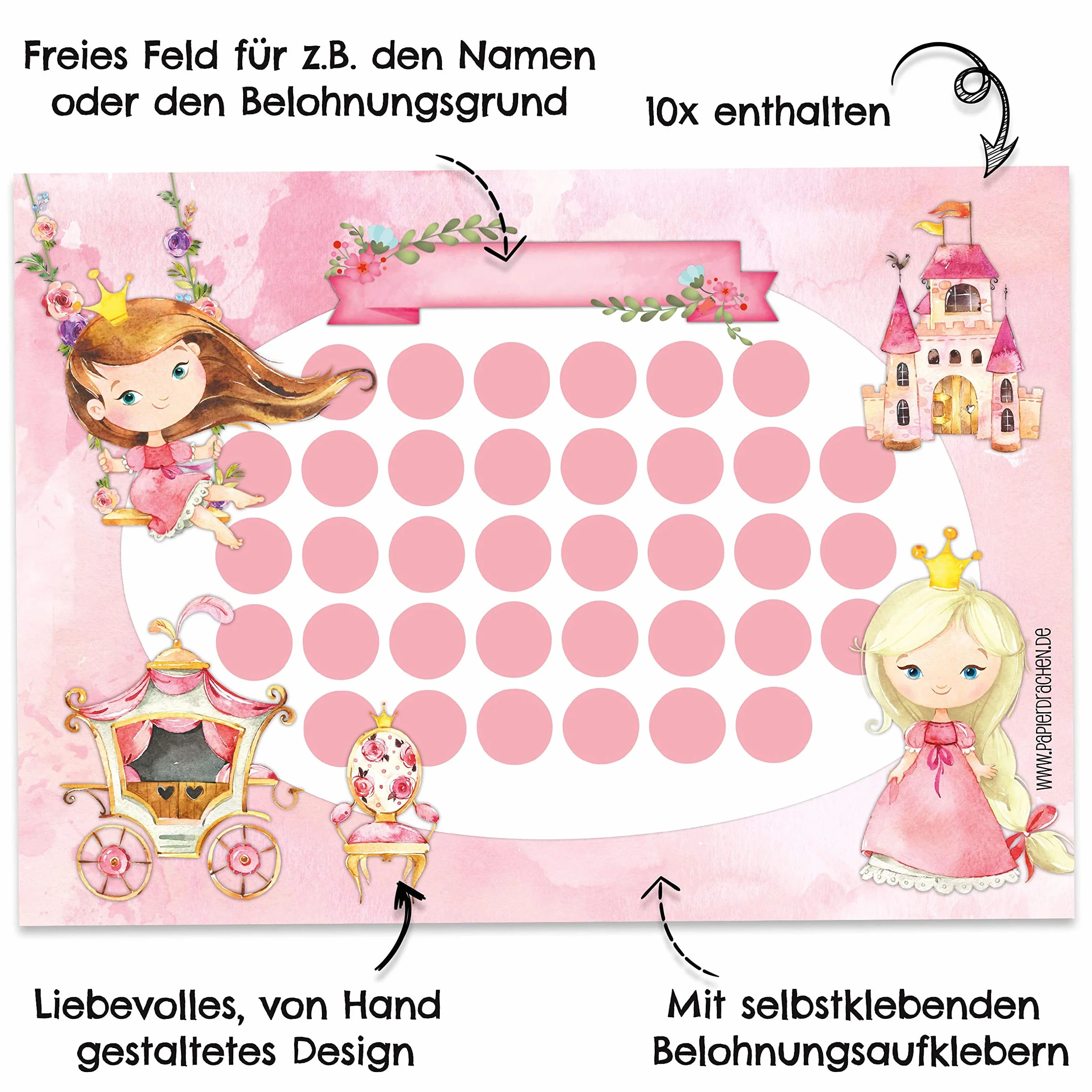 Papierdrachen Juego de Tablero de recompensas para niños Bloc 10 Hojas Pegatinas Princesa Set 18