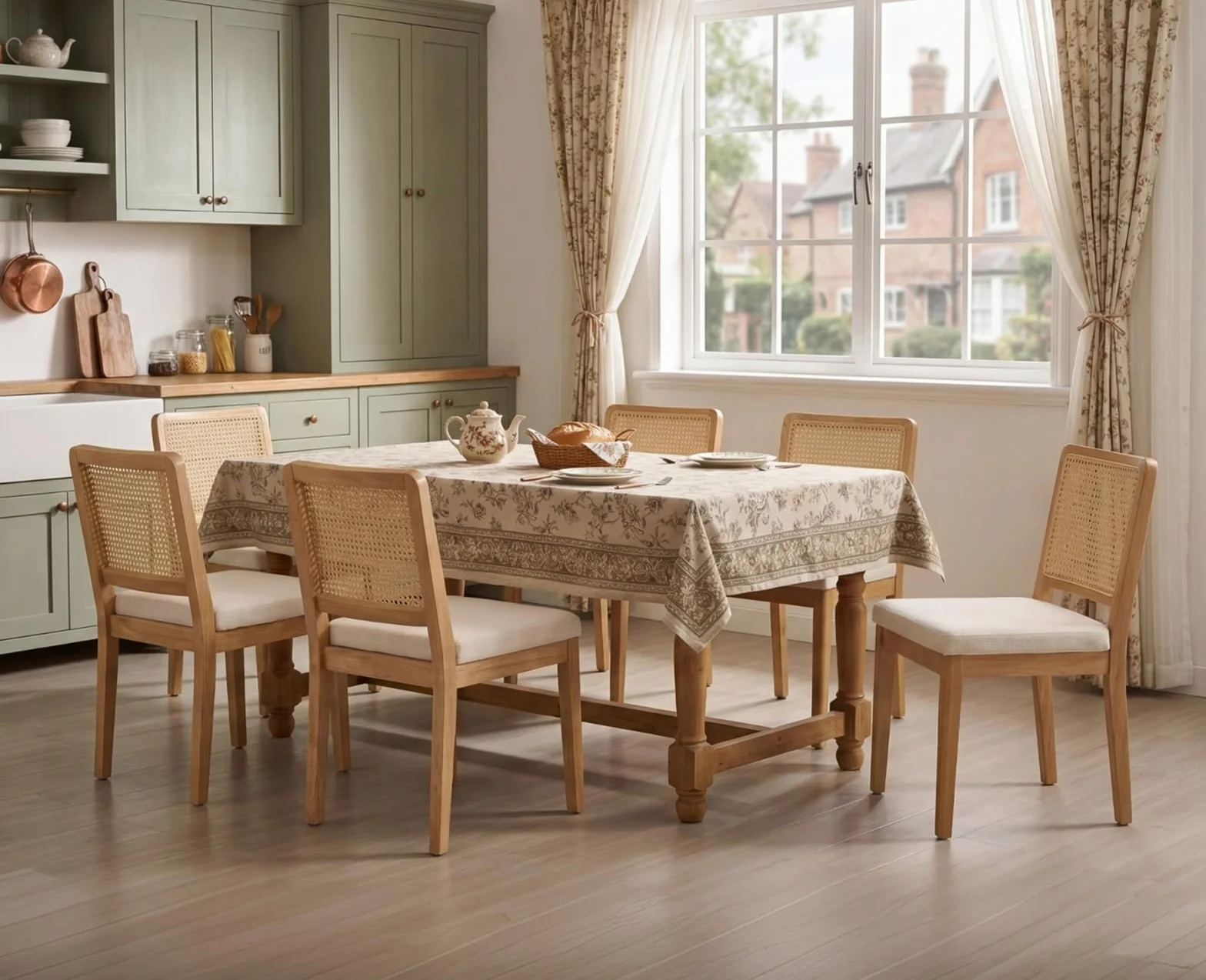 chairus Juego 4 de Sillas de Comedor Madera Sillas Cocina de Rústico con Respaldo Ratán, Sillas Restaurante Tapizadas de Chenilla Sillas de Salón Sencillas para Hogar, Blanco