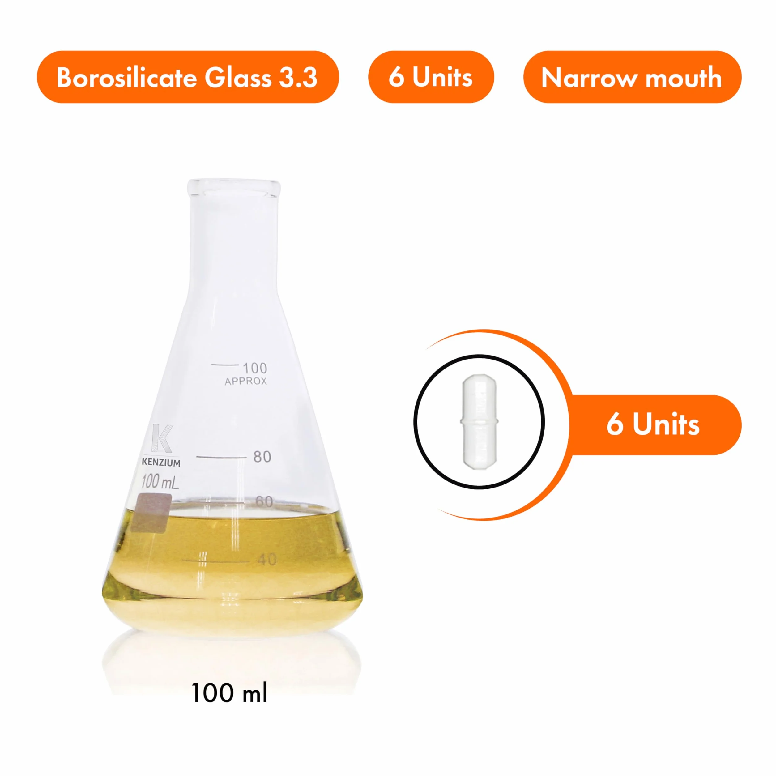 KENZIUM - Pack 6 x Matraz Erlenmeyer + 6 x Varilla Magnética de Agitación | 100 ml | Vidrio Borosilicato 3.3 | con Graduación Impresa | Boca Estrecha | Ideal Laboratorio y Educación