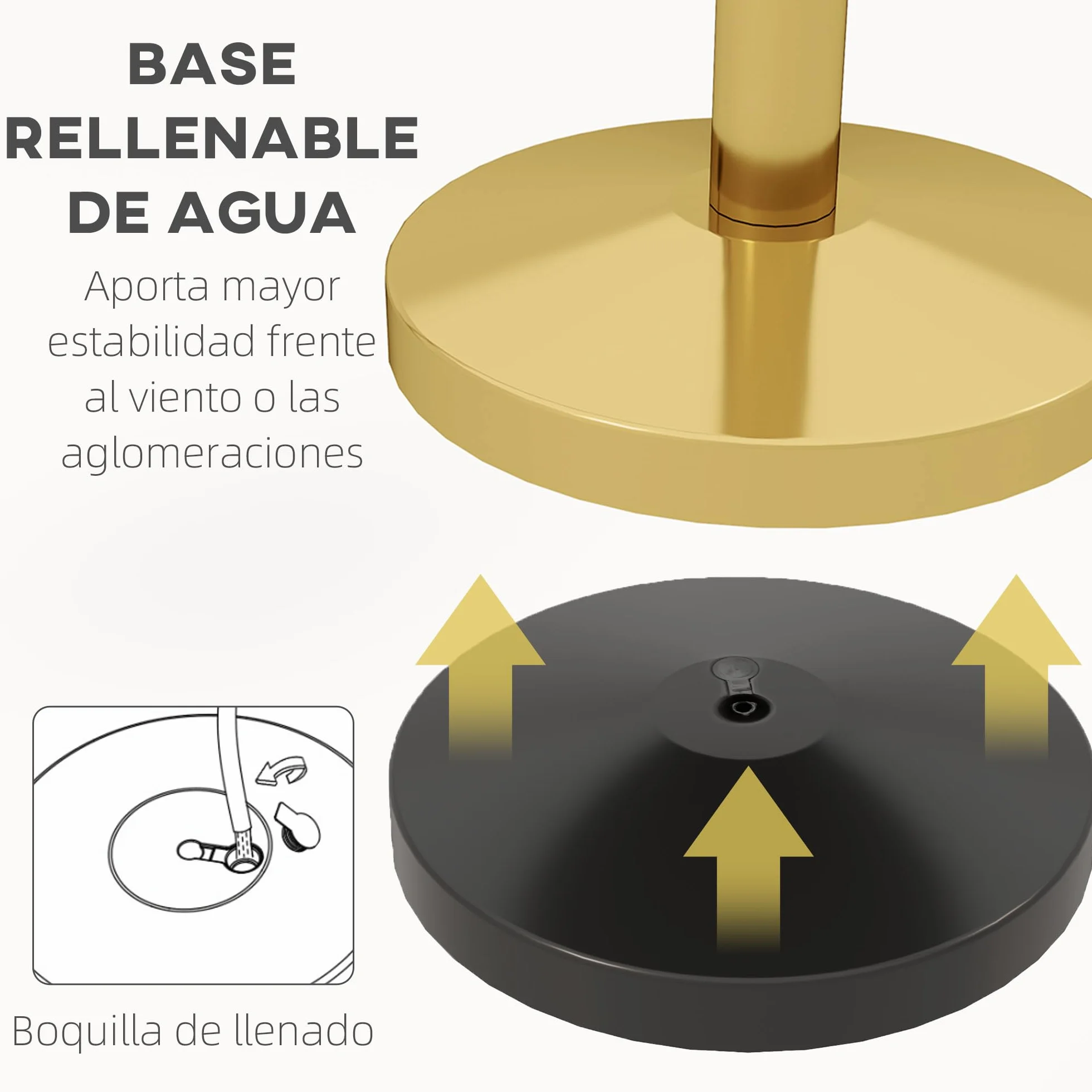 HOMCOM Juego de 2 Postes Separadores de Acero Inoxidable, Barreras de Seguridad con Cuerda de Terciopelo Roja 1,5 m y Base Rellenable de Agua, Dorado