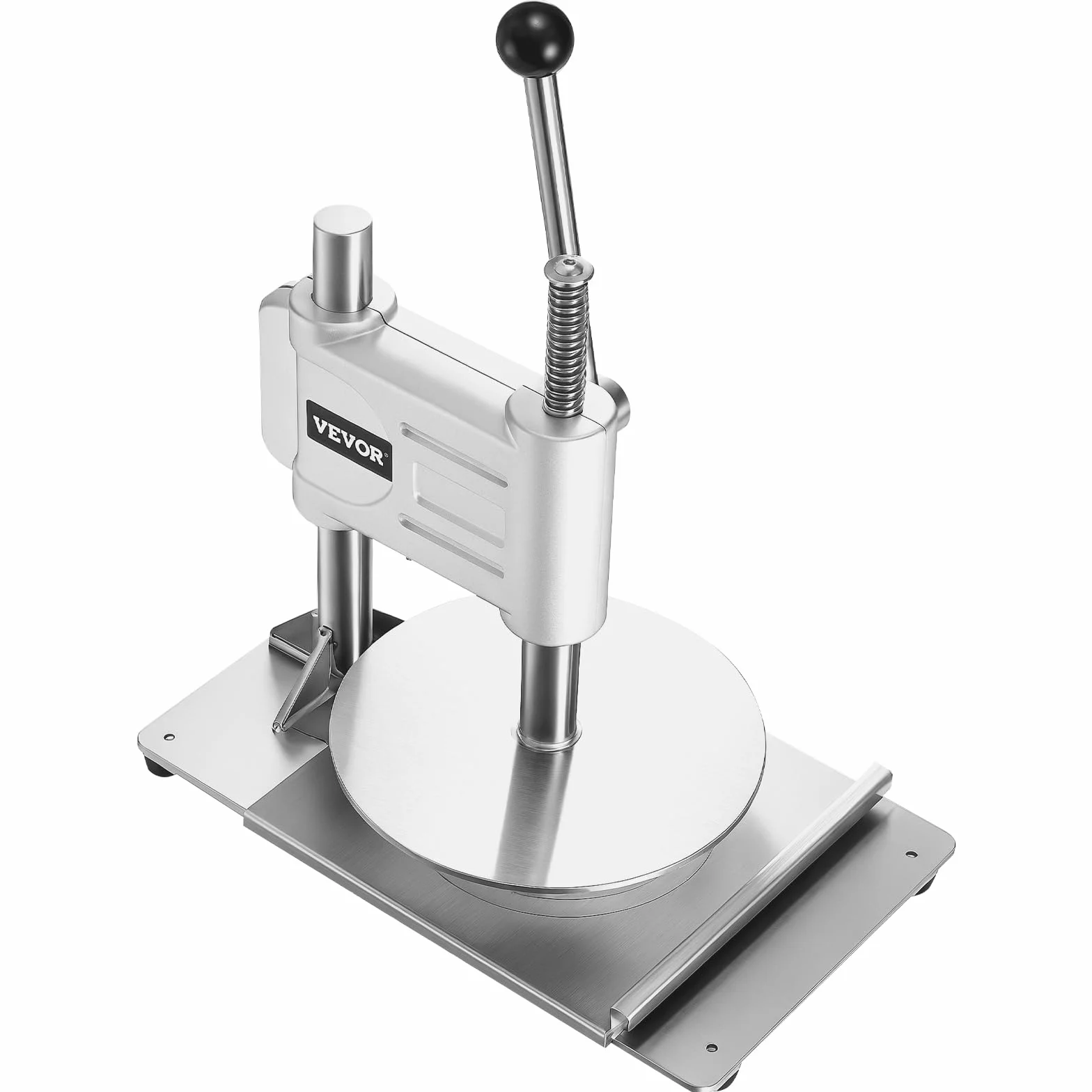 VEVOR Prensa Manual para Masa de Pizza, Placa de 24 cm, Prensa de Pan de Acero Inoxidable, para Hacer Chapatis, Formadora con Asa y 100 Hojas de Papel Pergamino, 400 x 245 x 360 mm, Color Plata