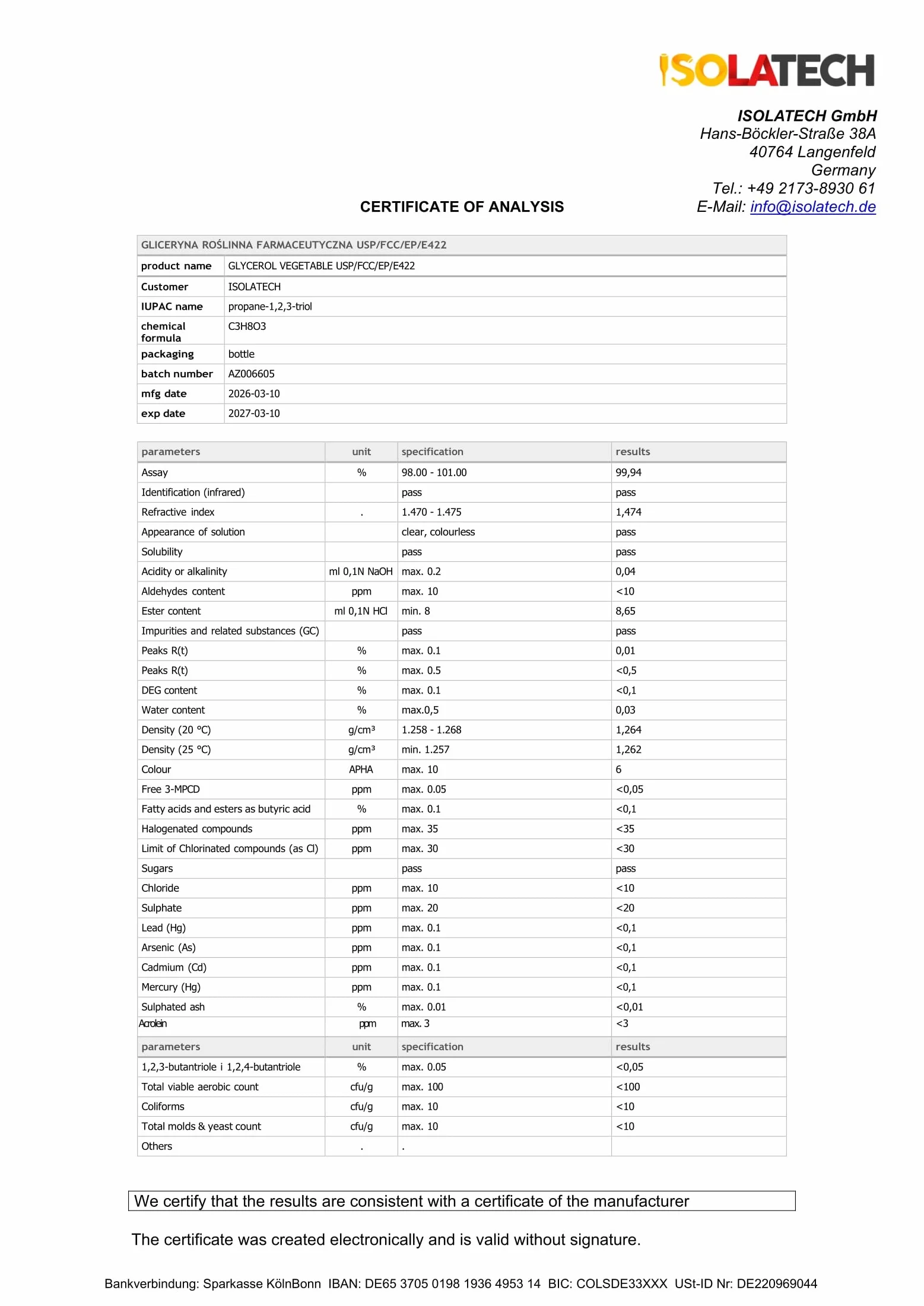 ISOLATECH Glicerina 99,5% Bidón de 10L con Grifo SABEU Fluxx DIN 51 | Glicerol, Calidad Farmacéutica, 100% Vegetal, Pureza 99,98%, Grifo dosificador AH23/51 HF, Fabricado en Alemania