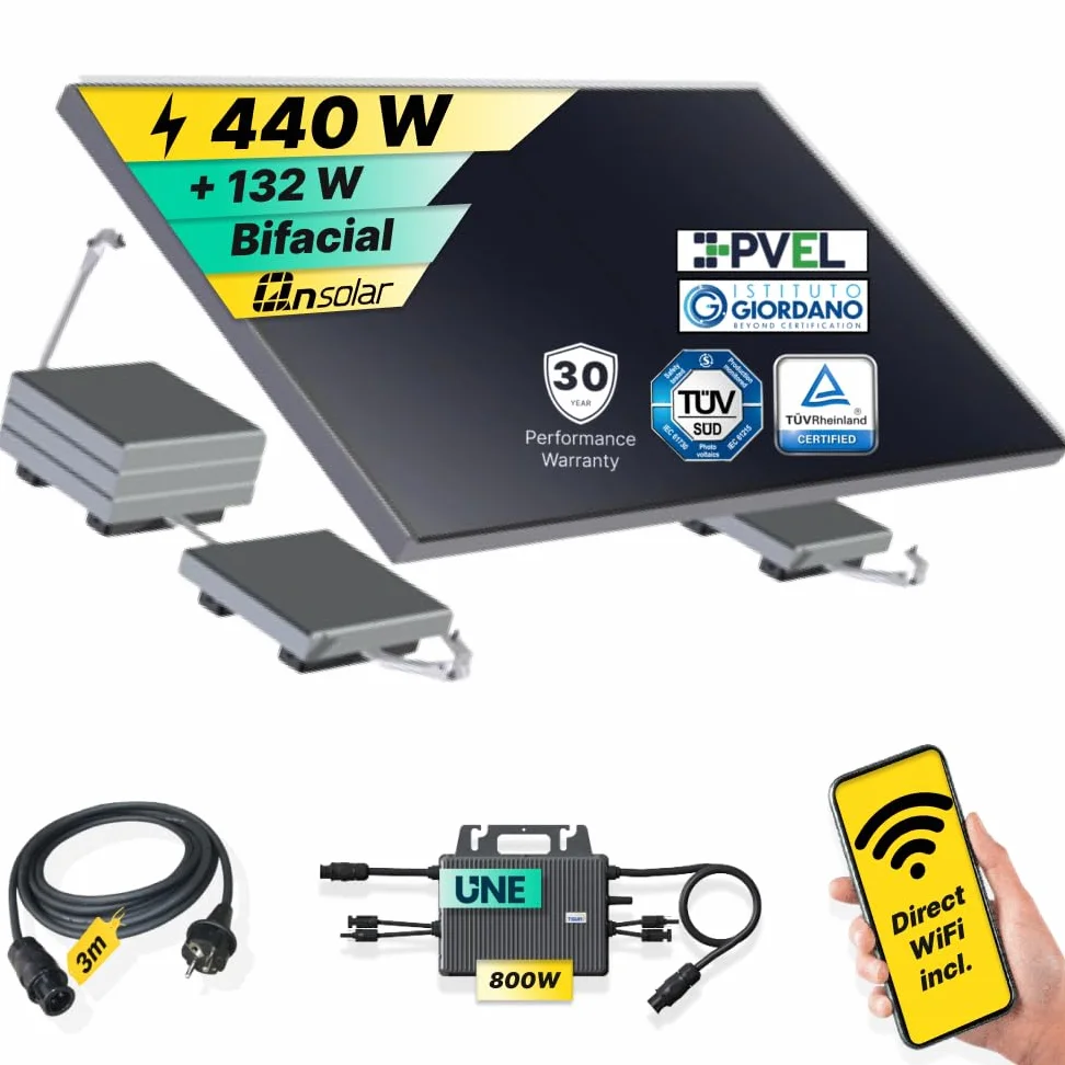 ROBINSUN® Kit Solar Enchufable Performance Flat 440Wp, 1 panel QN 440Wp + 1 Microinversor 800W con Wifi incluído + Cable 3m + 1 Fijación 20º