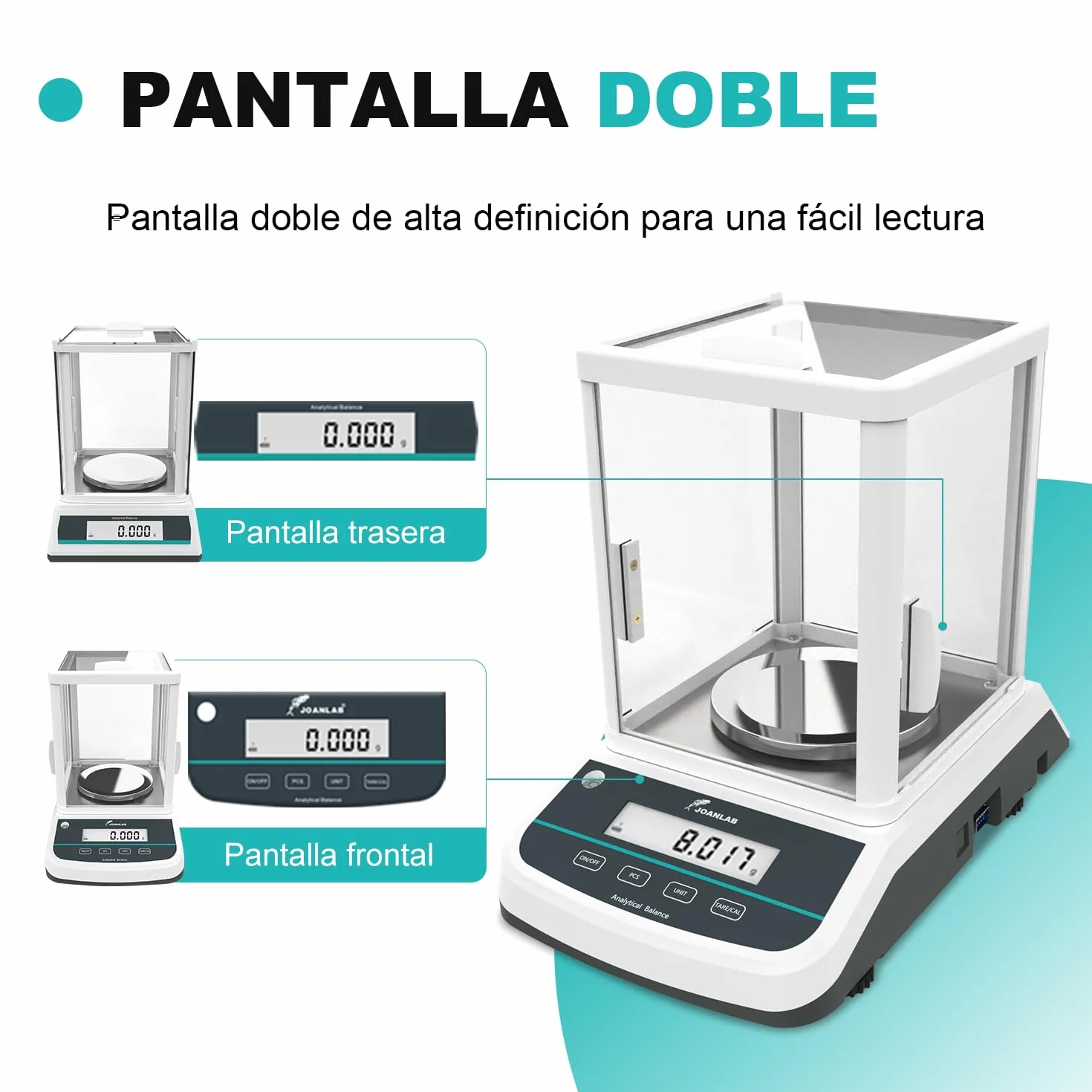 JOANLAB Balanza Analítica de Doble Pantalla 200g x 0,001g, Báscula de Laboratorio Alta Precisión con Calibración Externa, Pantalla LCD Retroiluminada para Laboratorio, Joyería & Farmacia(FA2003S)
