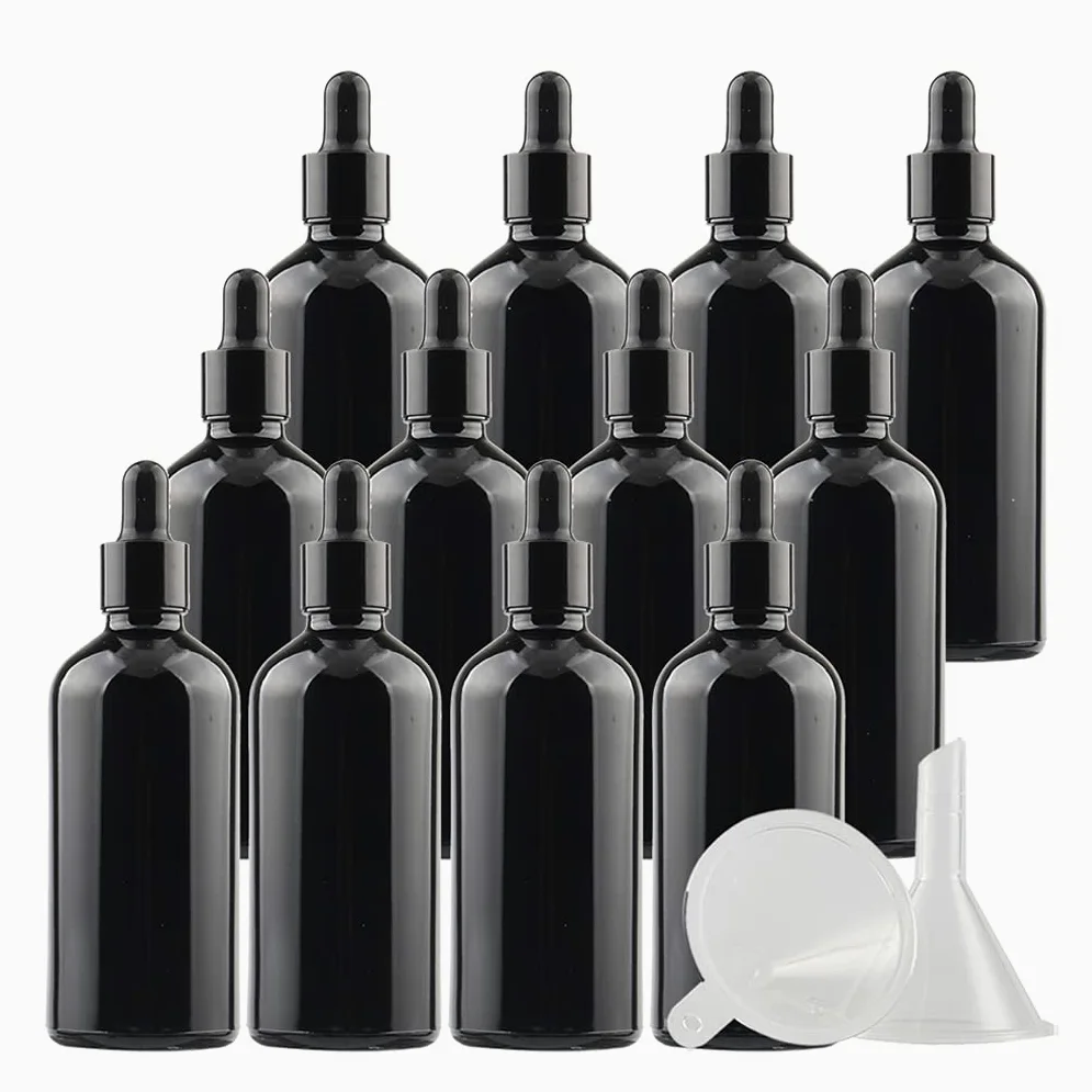 12 Pieza,Botella de Aceite Esencial Negro brillante de 100 Ml, Fácil de Llenar, Botellas de Cristal con anillo de Negro y pipeta,para Aceite Esencial, Masaje,Fragancia, Aromaterapia