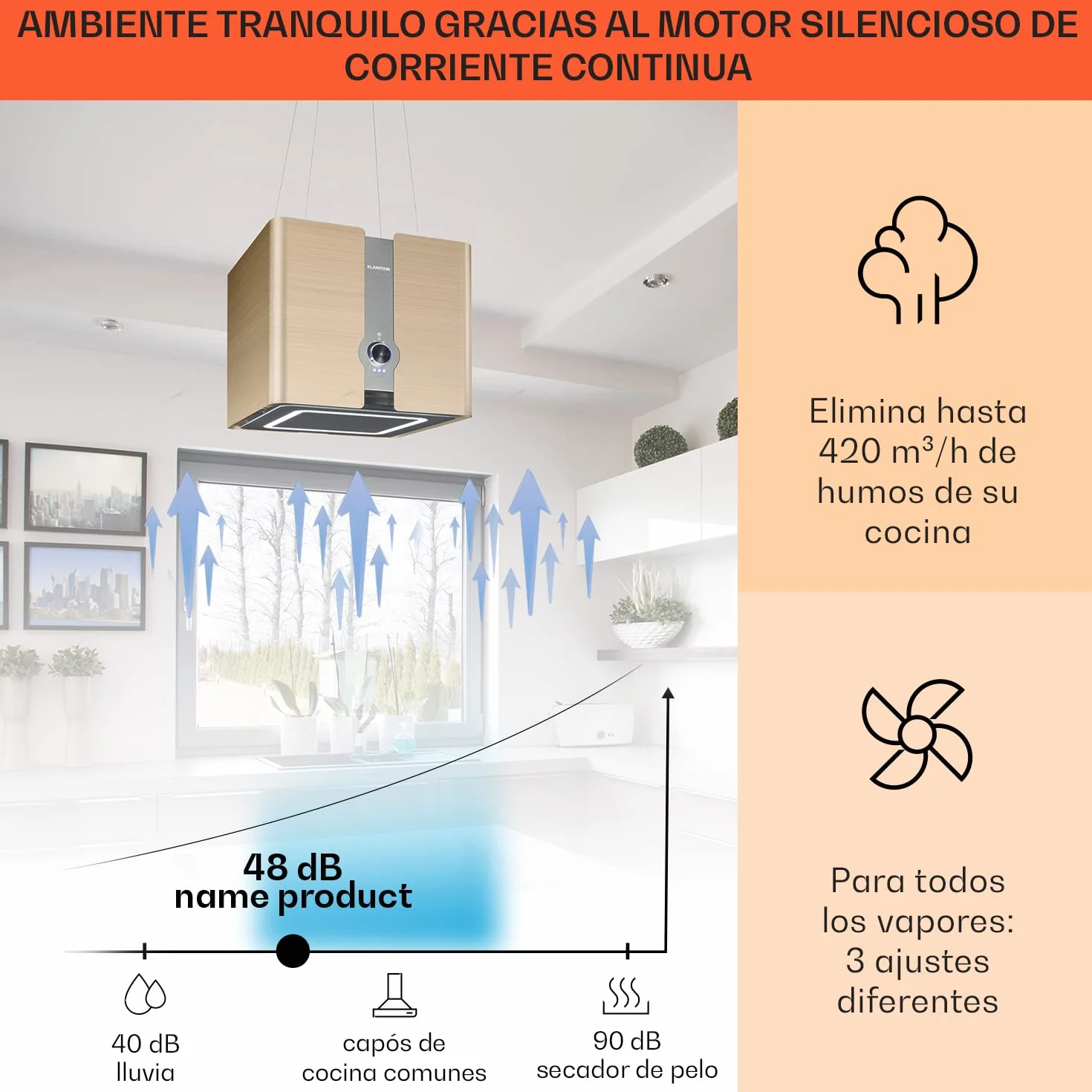 Klarstein Futurelight Smart Campana Extractora de Isla 420m³/h Acero Inoxidable Dorado