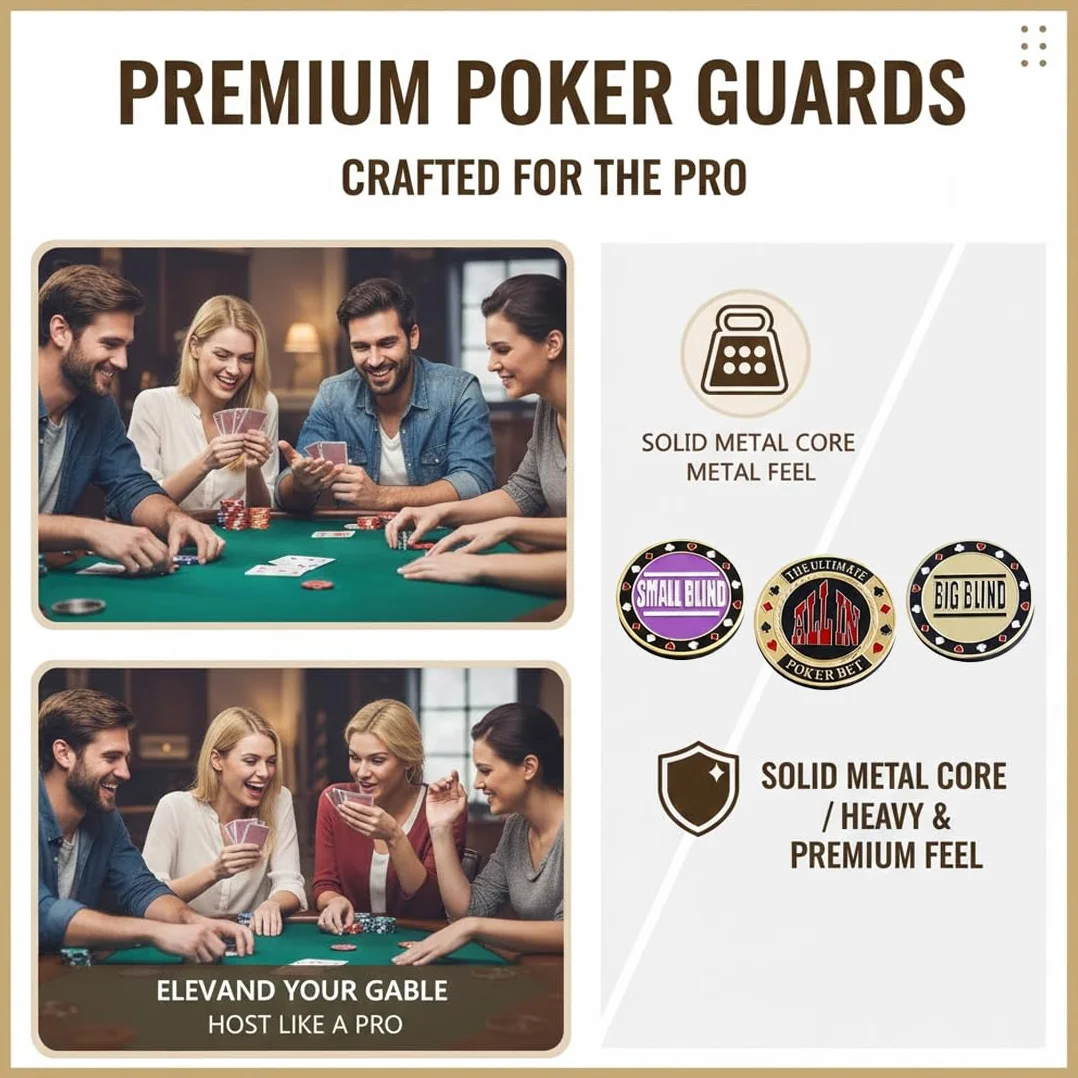 Set de Botones de Póker 3 Piezas en Estuche, Monedas de Metal, All-in, Small Blind, Big Blind