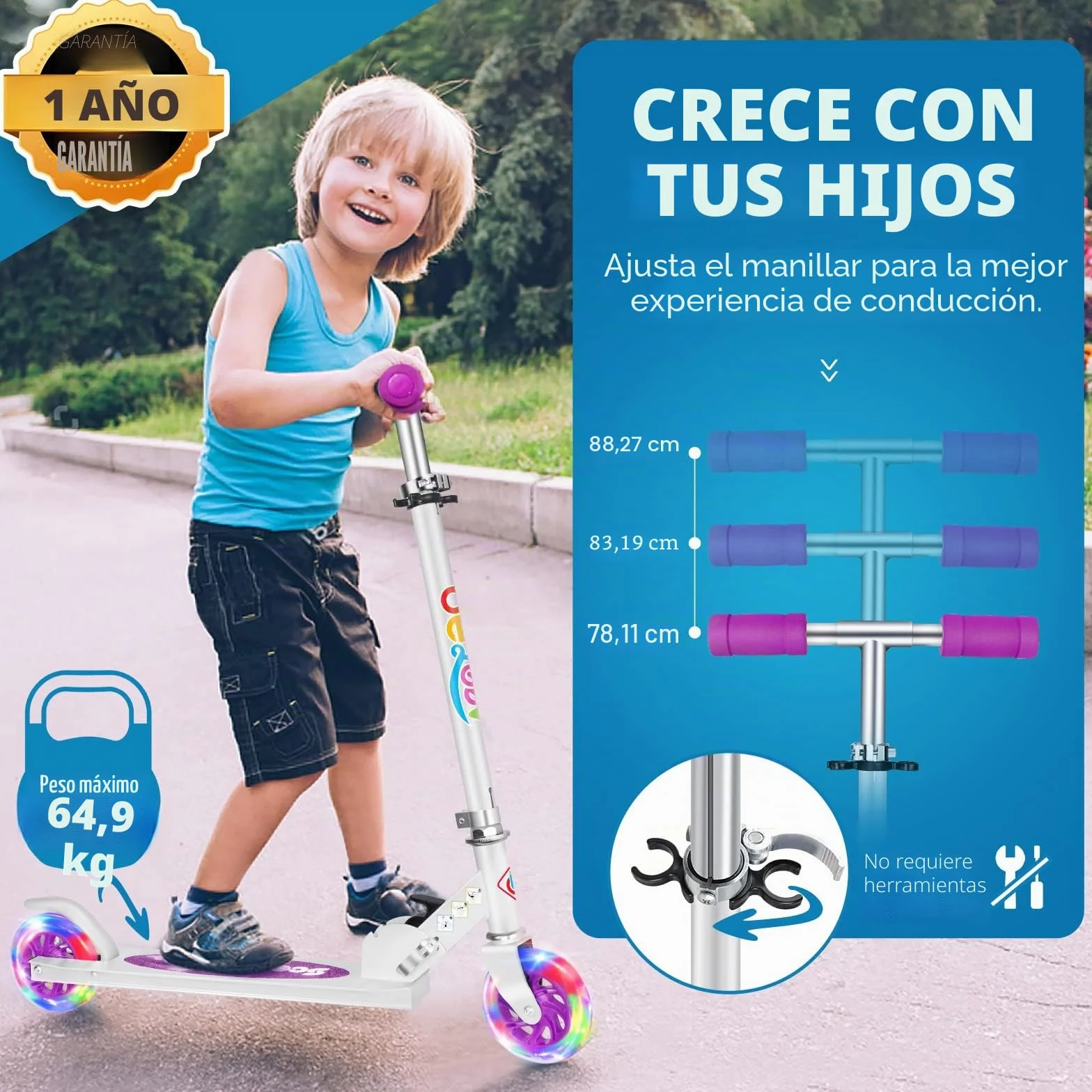 Patinete Infantil Plegable BELEEV V1 con Luces LED, 4 Alturas Ajustable, Ligero para Niños 3-12 Años