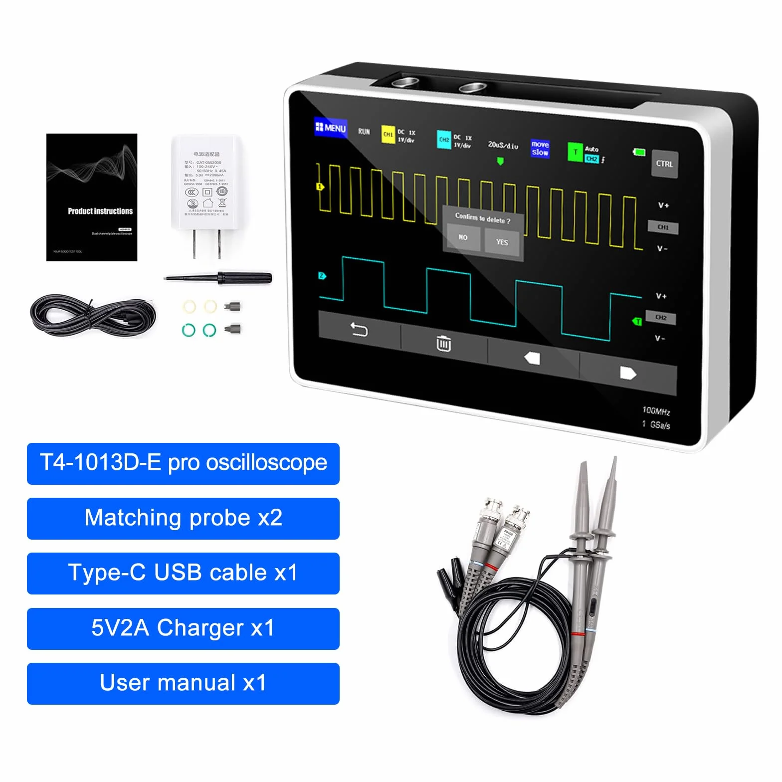 Osciloscopio Portatil, AOPUTTRIVER Osciloscopio Digital de 100 MHz Ancho de Banda con 2 Canales, Frecuencia de Muestreo 1GSa, Pantalla Táctil Grande de 7 Pulgadas, Memoria de 1 GB