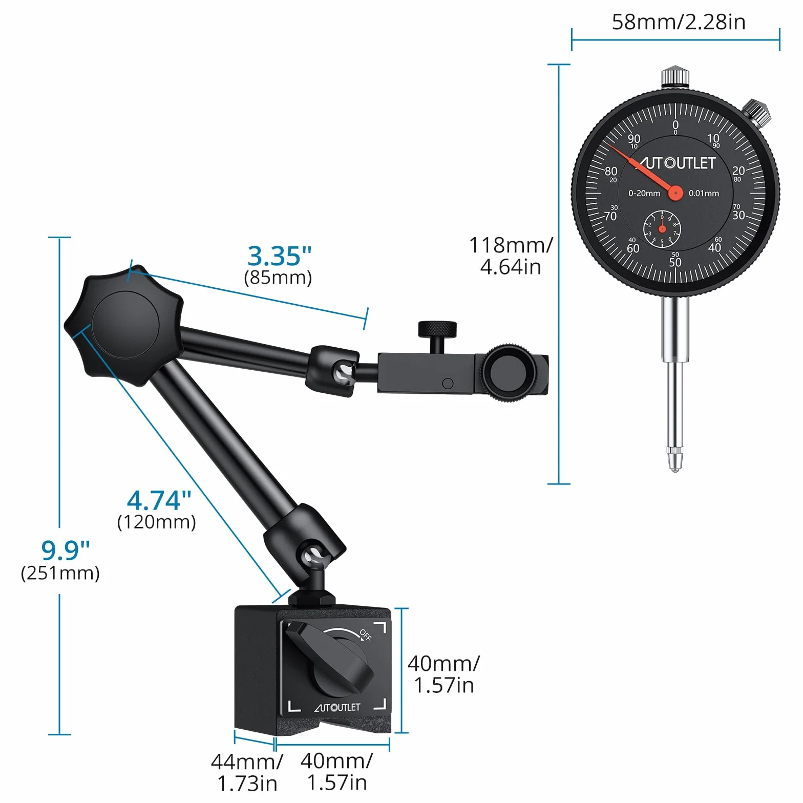 AUTOUTLET Comparador de Cuadrante Calibre con Indicador de Cuadrante de 0-20 mm con Base Magnética de 132 lb/60 kg