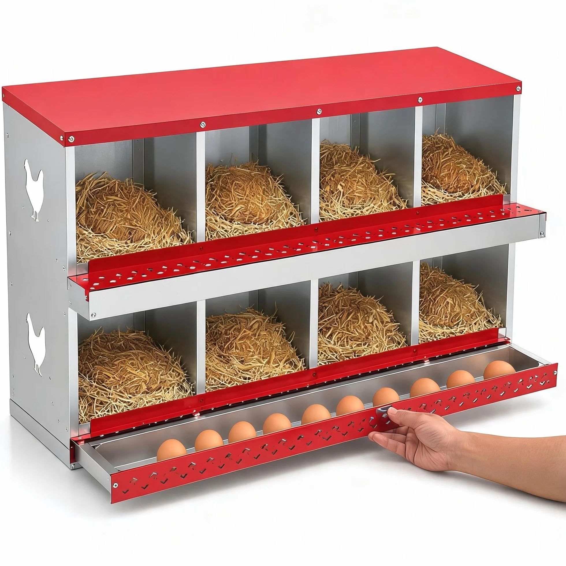 Garvee Caja Nido para Gallinas 8 Compartimentos, Nidal de Acero Galvanizado con Ventilación Lateral, Bandeja Extraíble