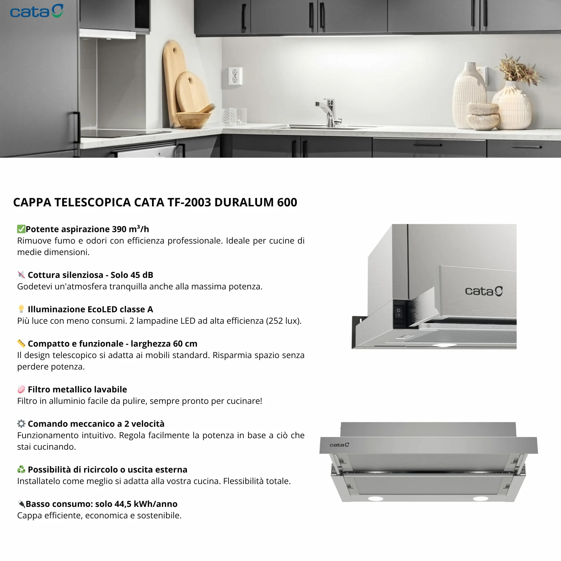 Campana extractora CATA TF 2003 DURALUM 60 390m3/h acero inoxidable