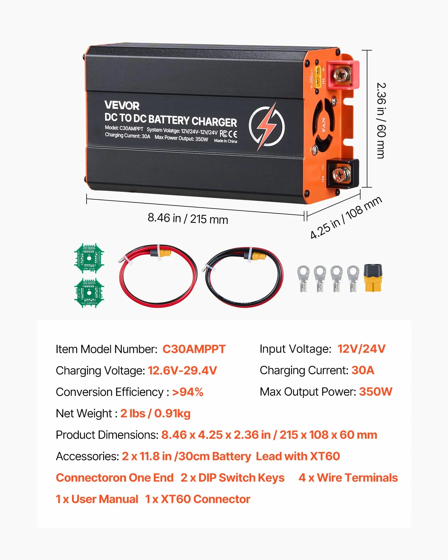 VEVOR Cargador de Batería CC a CC con MPPT, 350 W, Cargador de Batería Integrado de 30 A, Entrada Dual para Panel Solar/Alternador, para Baterías de Plomo-ácido LiFePO4, 12 V/24 V - 12 V/24 V