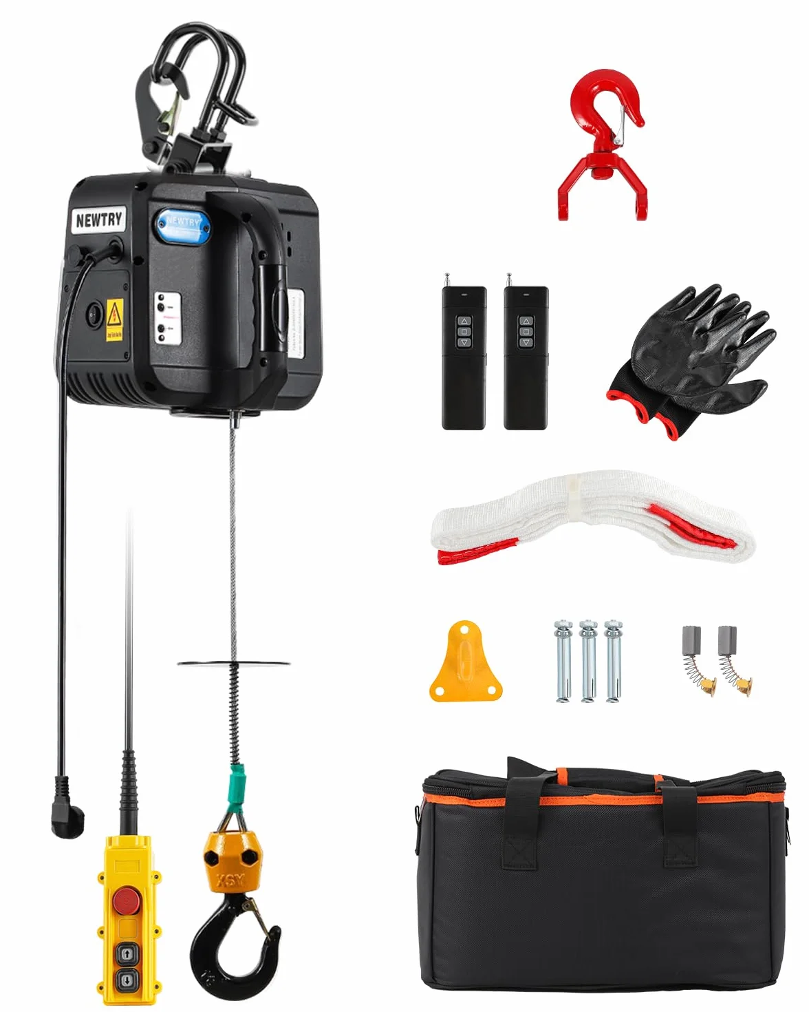 NEWTRY Polipasto Eléctrico 500KG PRO, 1600W Cabrestante Eléctrico 9m Elevación con Mando a Distancia Inalámbrico 100m y Mando con Cable 5m, Ganchos Dobles Más Seguros, Con Manual en Español
