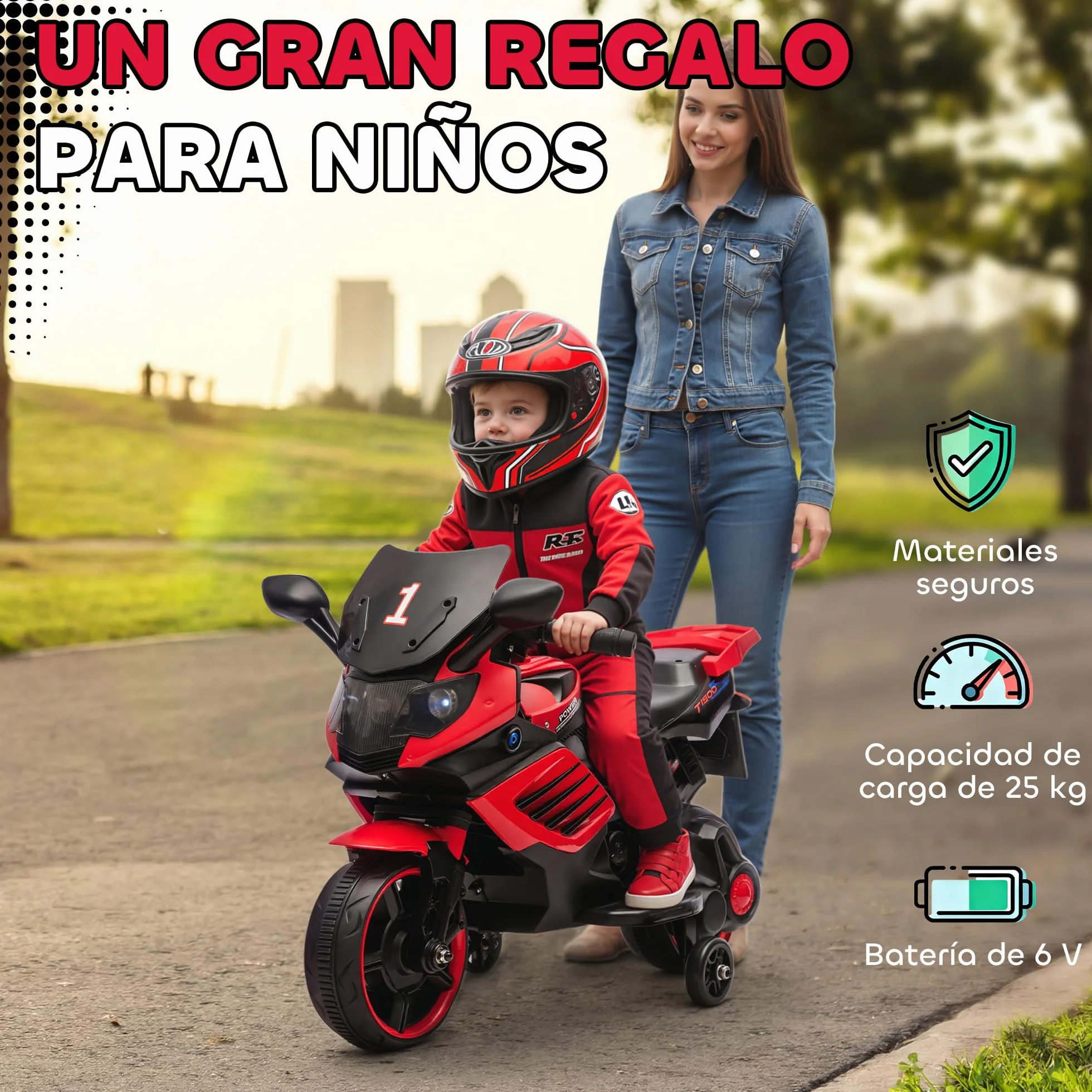 AIYAPLAY Moto Eléctrica para Niños 6V, con Ruedas de Apoyo, Música, Faro, Rojo